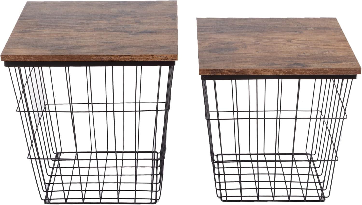 imageLavish Home End Tables Set of 2 Nesting Tables with Removable Wood Tops and Metal Basket Bases for Blanket Storage Round Side Pieces for Living Room Bedroom or Home Office BrownBlackBrown Square 2