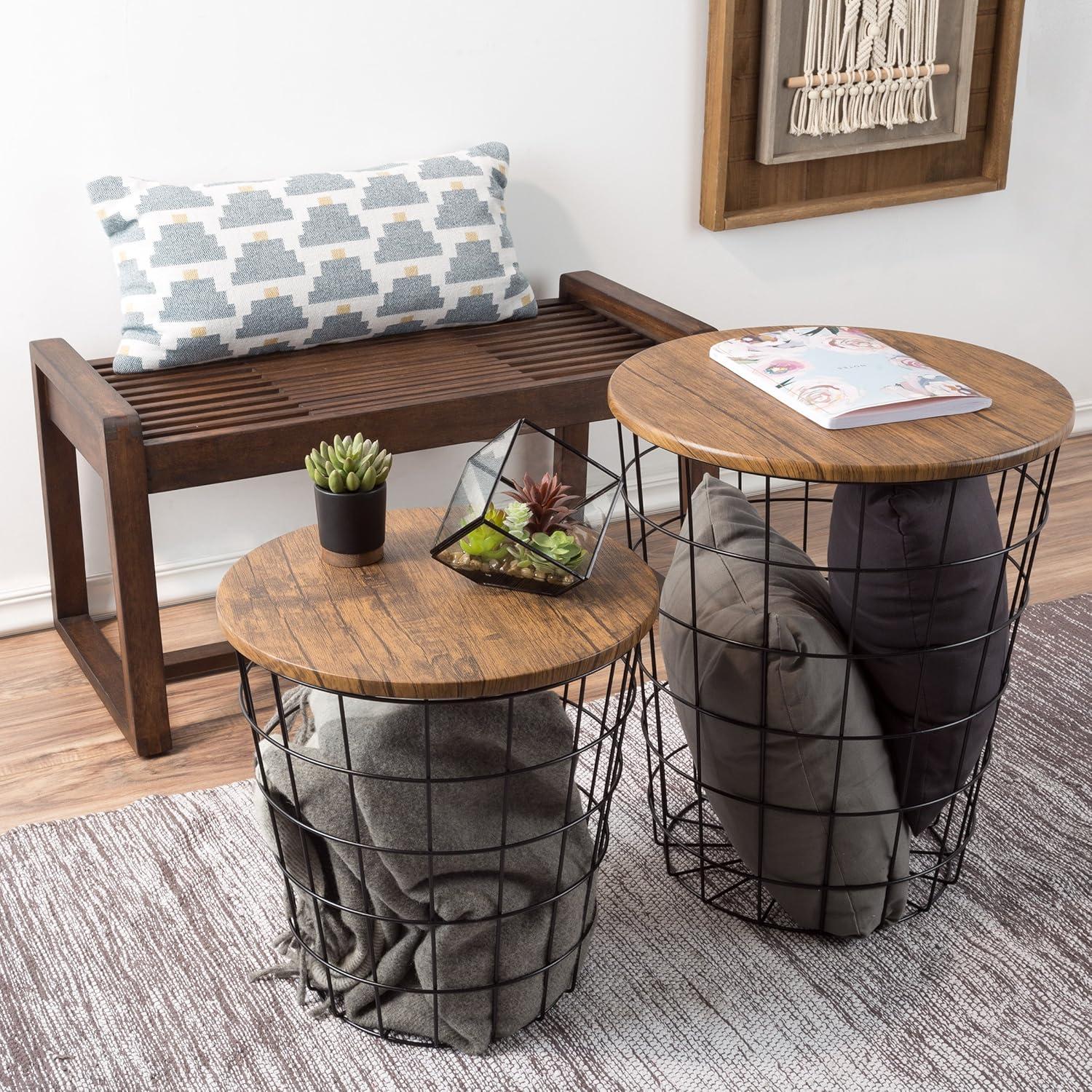 imageLavish Home End Tables Set of 2 Nesting Tables with Removable Wood Tops and Metal Basket Bases for Blanket Storage Round Side Pieces for Living Room Bedroom or Home Office BrownBlackRound Brown