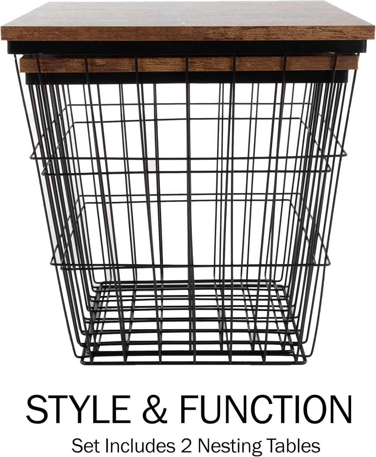 imageLavish Home End Tables Set of 2 Nesting Tables with Removable Wood Tops and Metal Basket Bases for Blanket Storage Round Side Pieces for Living Room Bedroom or Home Office BrownBlackBrown Square 2