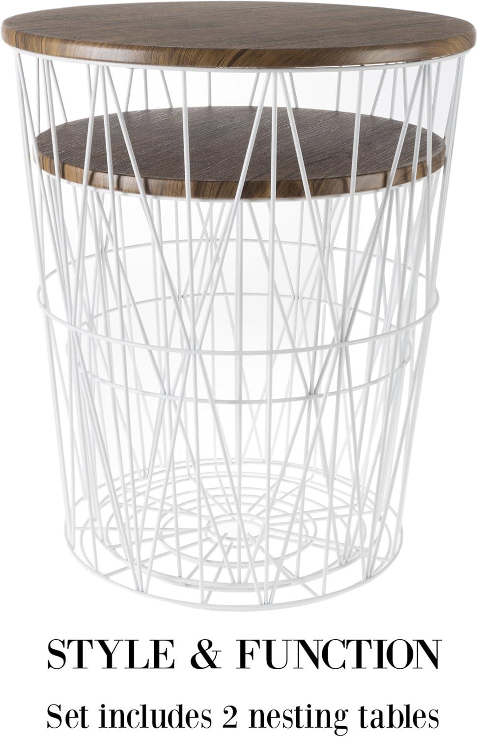 imageLavish Home End Tables Set of 2 Nesting Tables with Removable Wood Tops and Metal Basket Bases for Blanket Storage Round Side Pieces for Living Room Bedroom or Home Office BrownBlackWhite Diamond