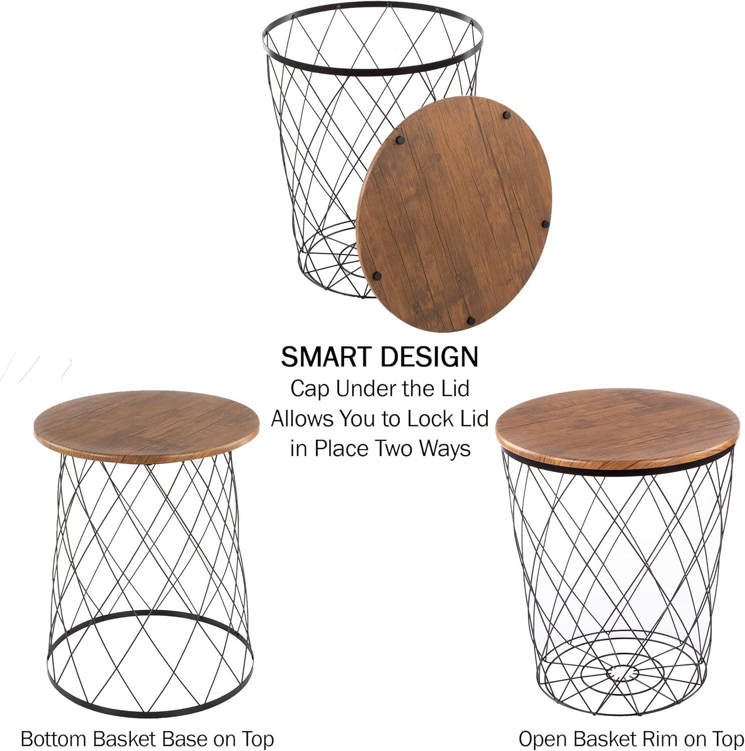 imageLavish Home End Tables Set of 2 Nesting Tables with Removable Wood Tops and Metal Basket Bases for Blanket Storage Round Side Pieces for Living Room Bedroom or Home Office BrownBlackBlack Diamond