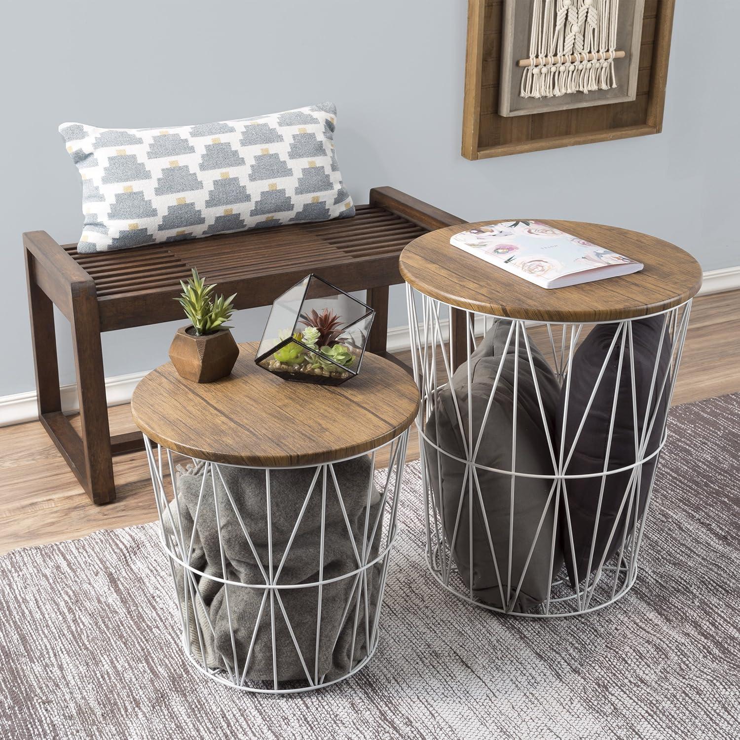 imageLavish Home End Tables Set of 2 Nesting Tables with Removable Wood Tops and Metal Basket Bases for Blanket Storage Round Side Pieces for Living Room Bedroom or Home Office BrownBlackWhite Diamond