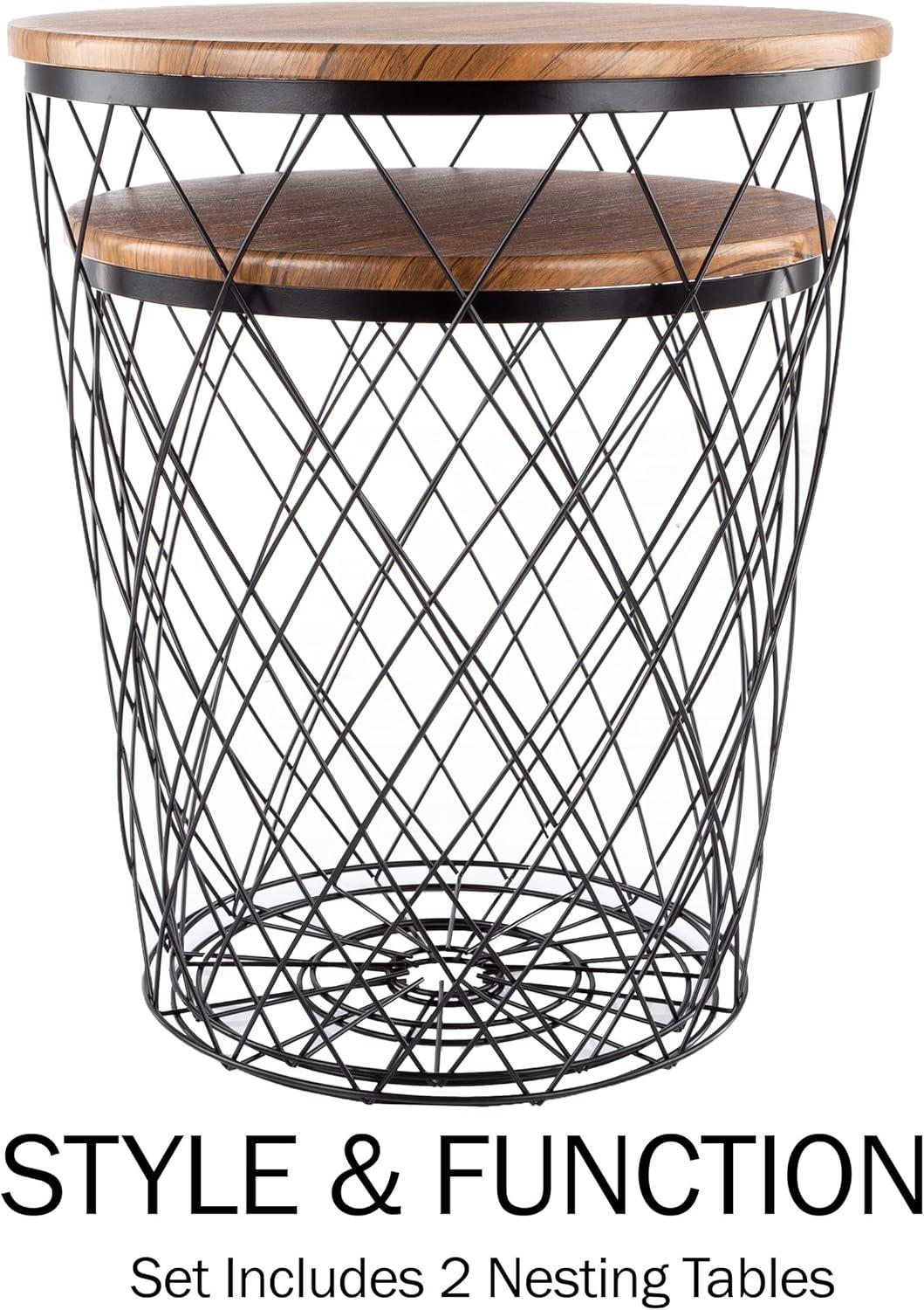 imageLavish Home End Tables Set of 2 Nesting Tables with Removable Wood Tops and Metal Basket Bases for Blanket Storage Round Side Pieces for Living Room Bedroom or Home Office BrownBlackBlack Diamond