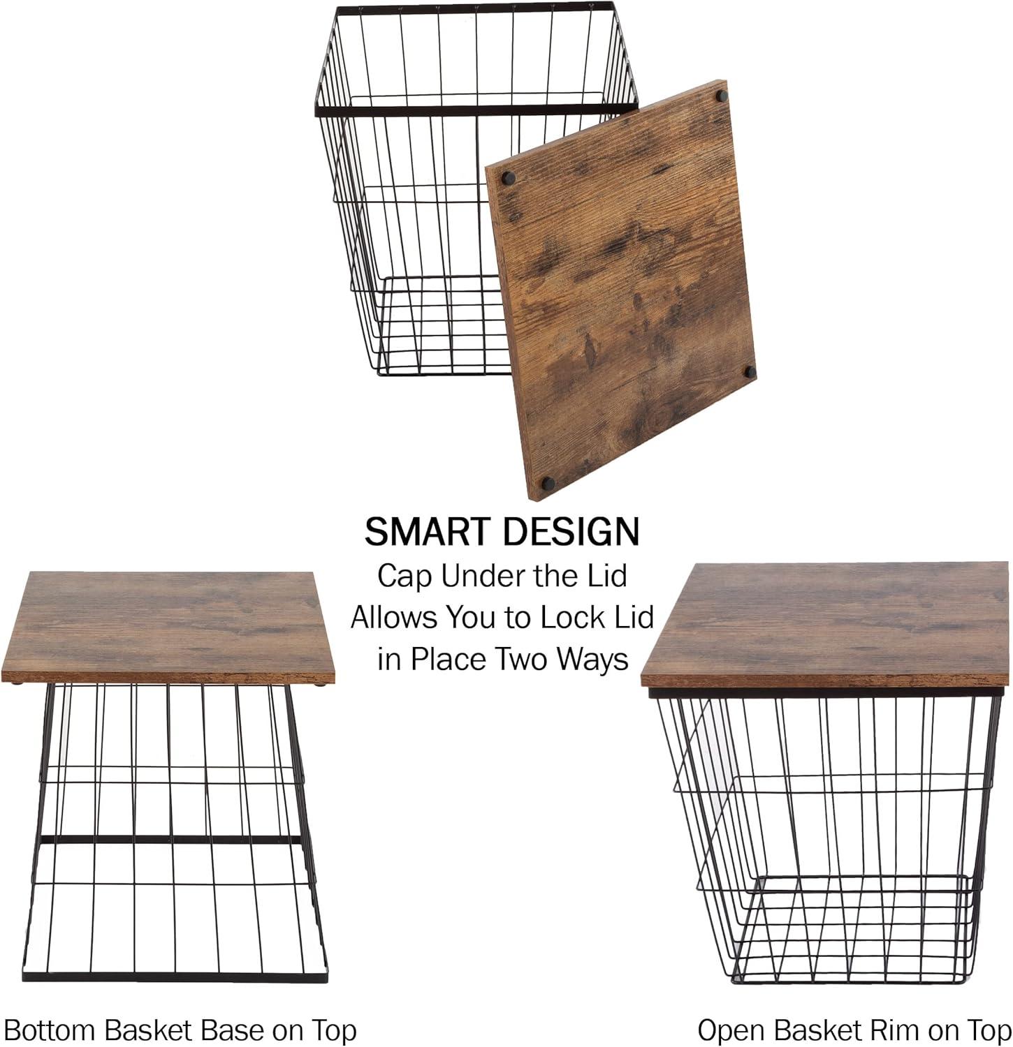 imageLavish Home End Tables Set of 2 Nesting Tables with Removable Wood Tops and Metal Basket Bases for Blanket Storage Round Side Pieces for Living Room Bedroom or Home Office BrownBlackBrown Square 2