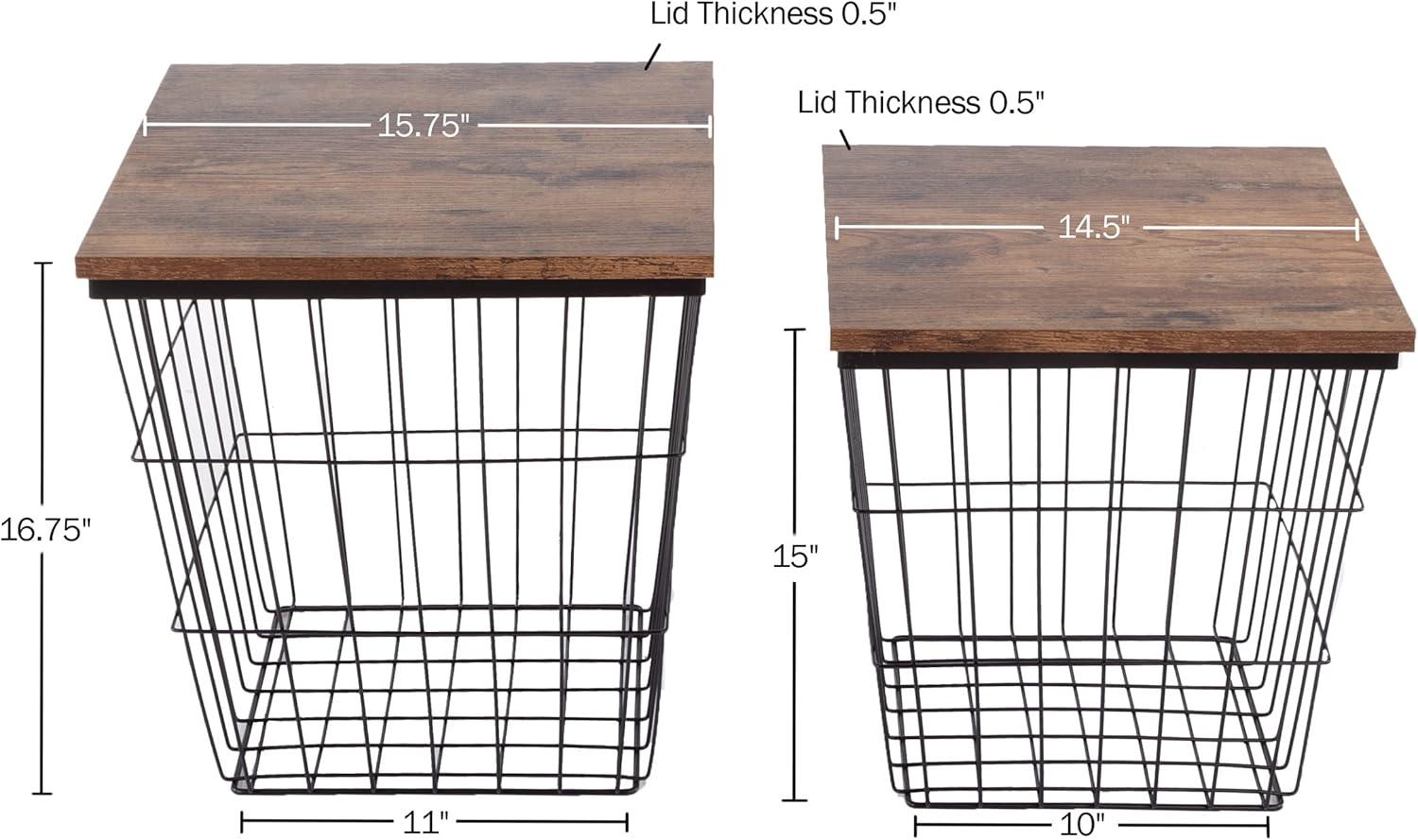 imageLavish Home End Tables Set of 2 Nesting Tables with Removable Wood Tops and Metal Basket Bases for Blanket Storage Round Side Pieces for Living Room Bedroom or Home Office BrownBlackBrown Square 2