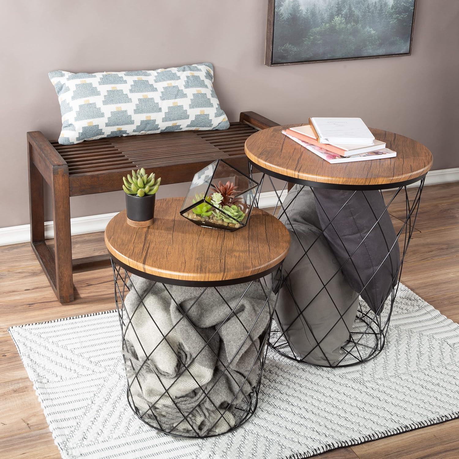 imageLavish Home End Tables Set of 2 Nesting Tables with Removable Wood Tops and Metal Basket Bases for Blanket Storage Round Side Pieces for Living Room Bedroom or Home Office BrownBlackBlack Diamond