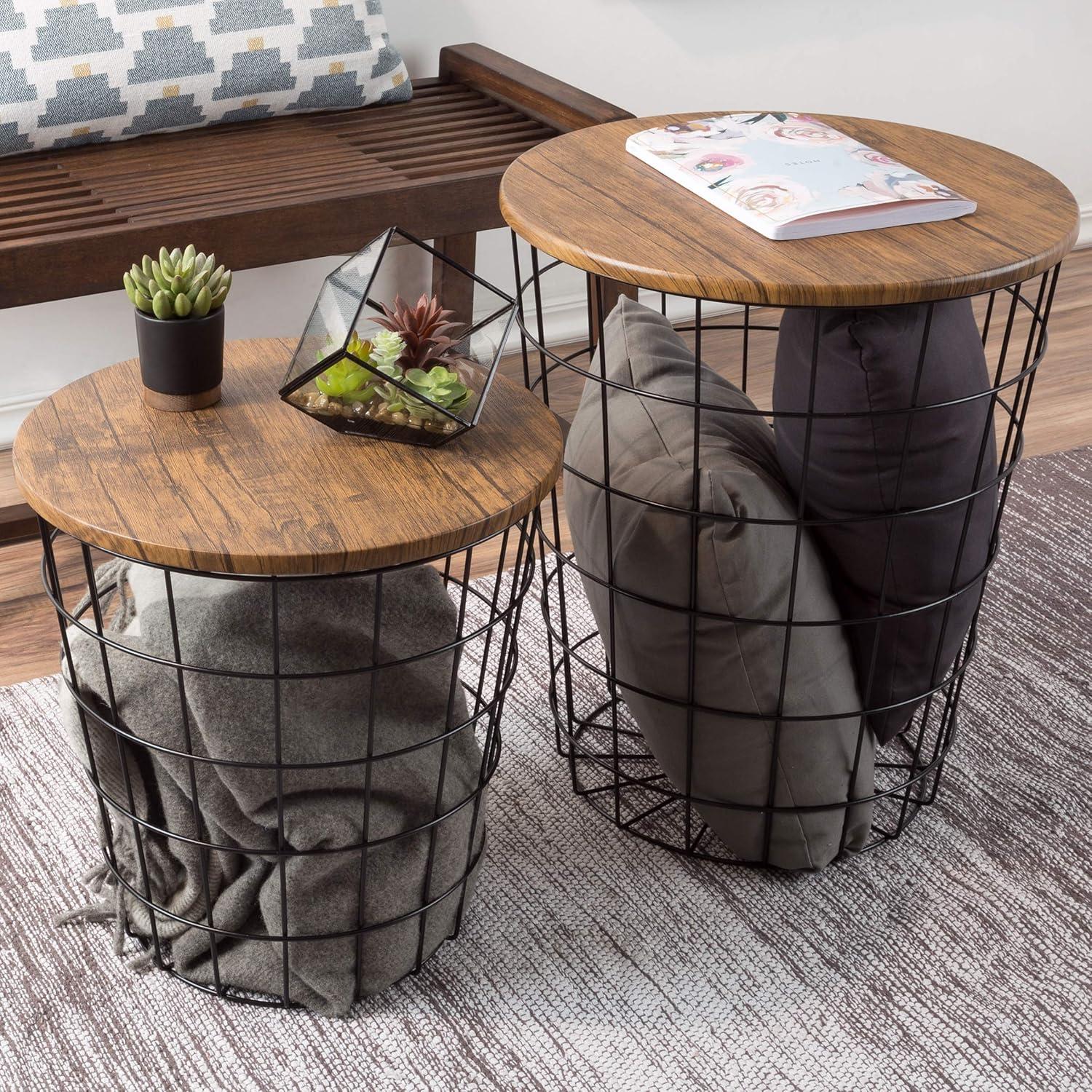 imageLavish Home End Tables Set of 2 Nesting Tables with Removable Wood Tops and Metal Basket Bases for Blanket Storage Round Side Pieces for Living Room Bedroom or Home Office BrownBlackRound Brown
