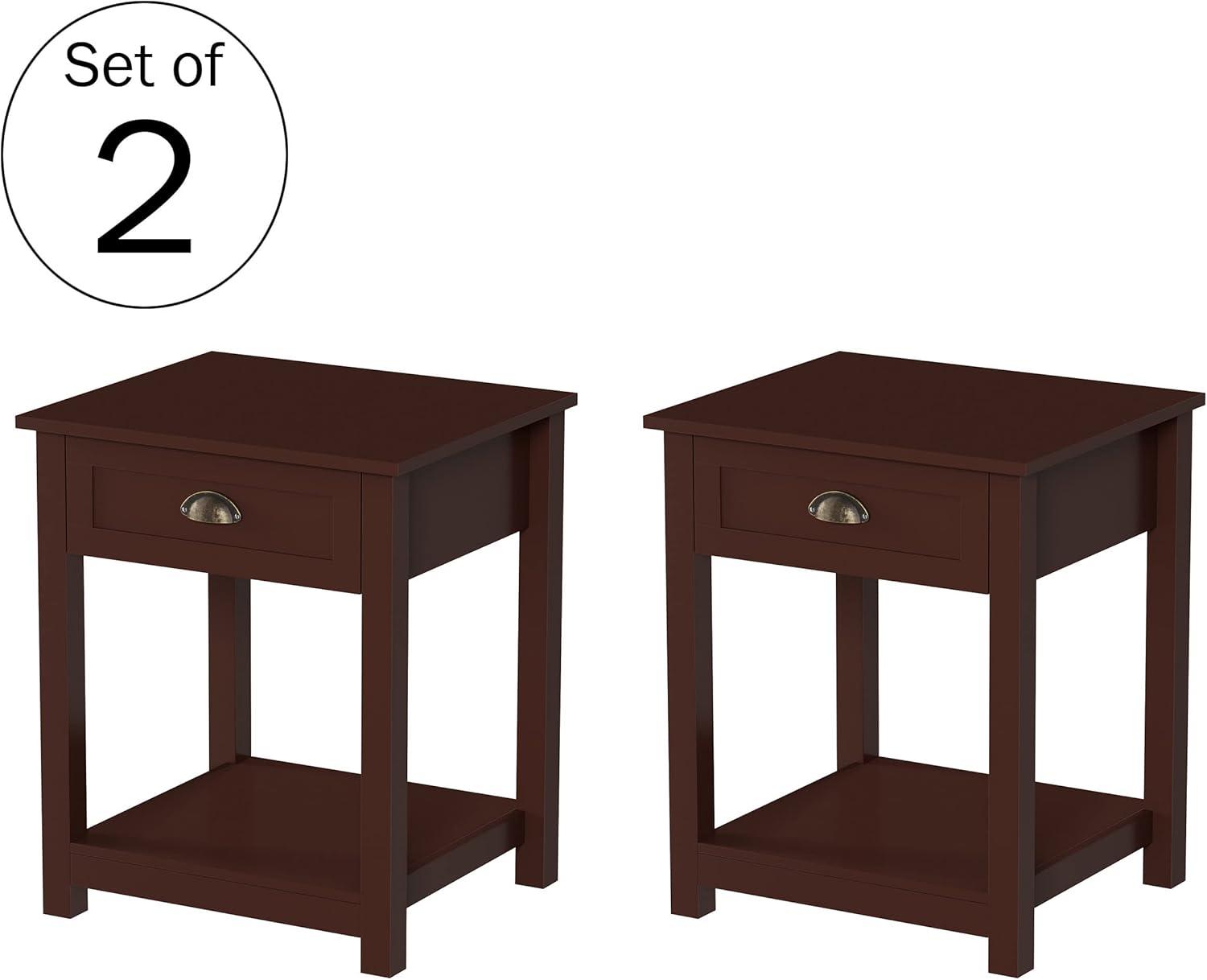 imageLavish Home End Tables with Drawer Set of 2 Sofa or Bedside Tables with Storage Shelf Shaker Style Wooden Nightstand or Side Table Pair BrownUmber Brown Set of 2