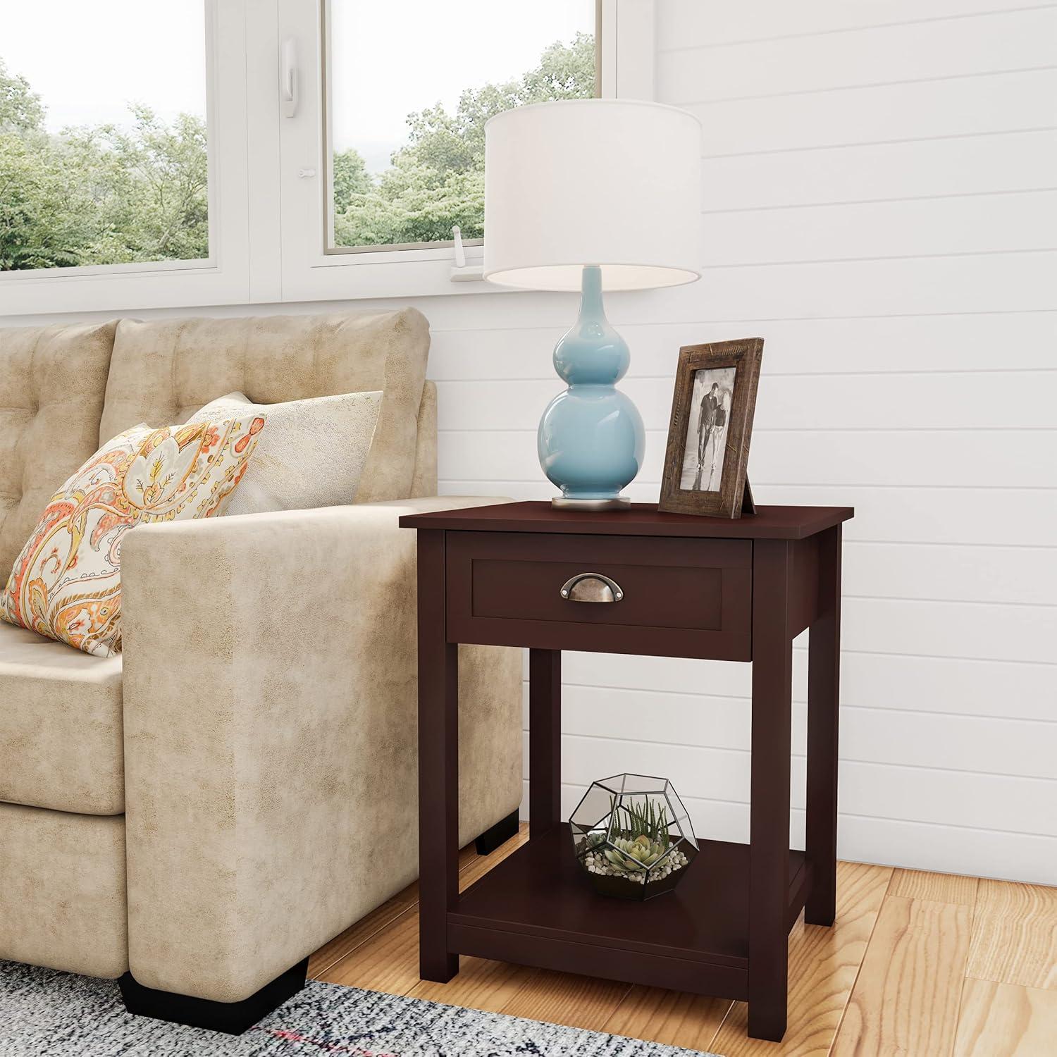 imageLavish Home End Tables with Drawer Set of 2 Sofa or Bedside Tables with Storage Shelf Shaker Style Wooden Nightstand or Side Table Pair BrownUmber Brown Set of 2