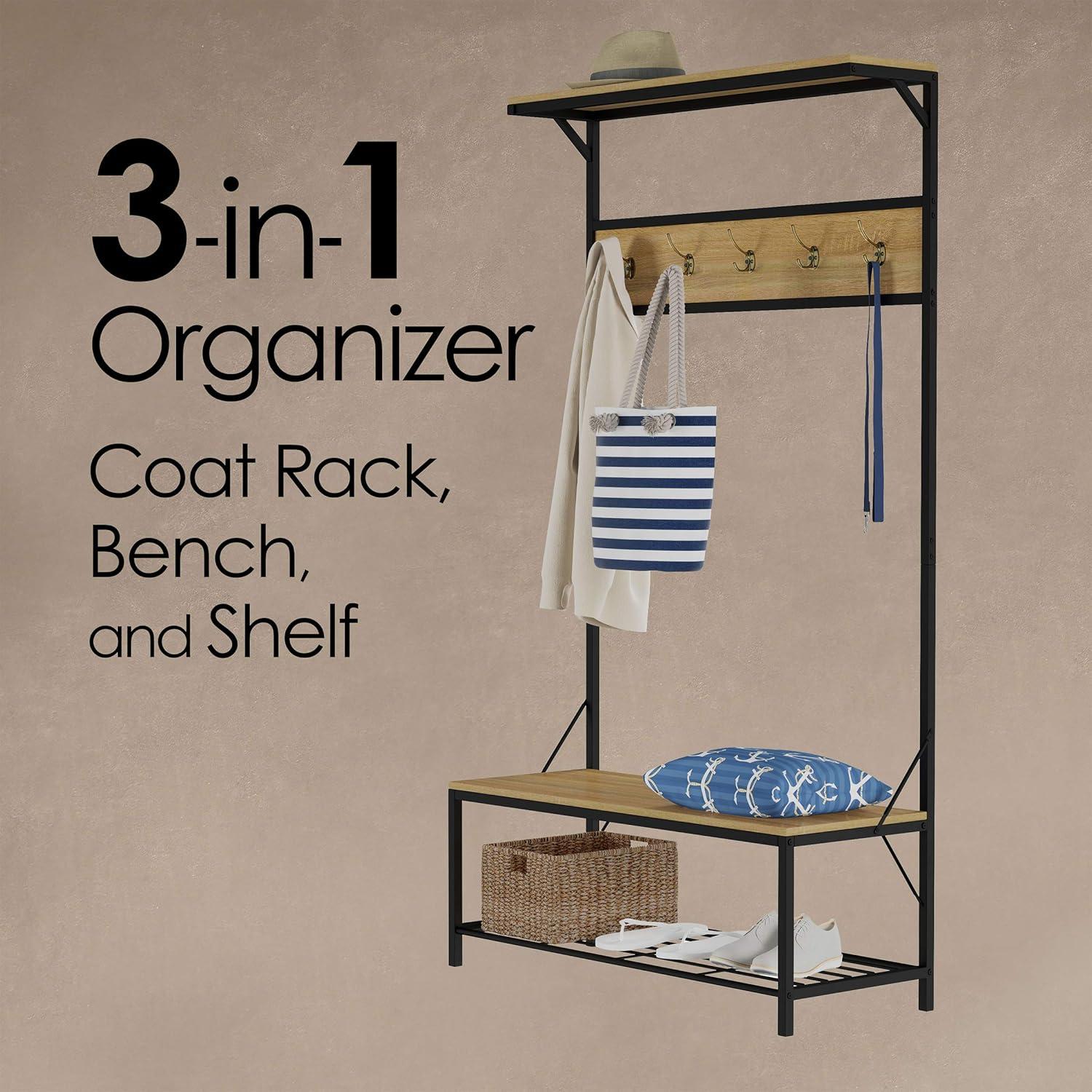 imageLavish Home Entryway Bench with Coat Rack Metal Hall Tree with Seat Hooks and Shoe Storage Rustic Farmhouse Freestanding Mudroom FurnitureSand Woodgrain