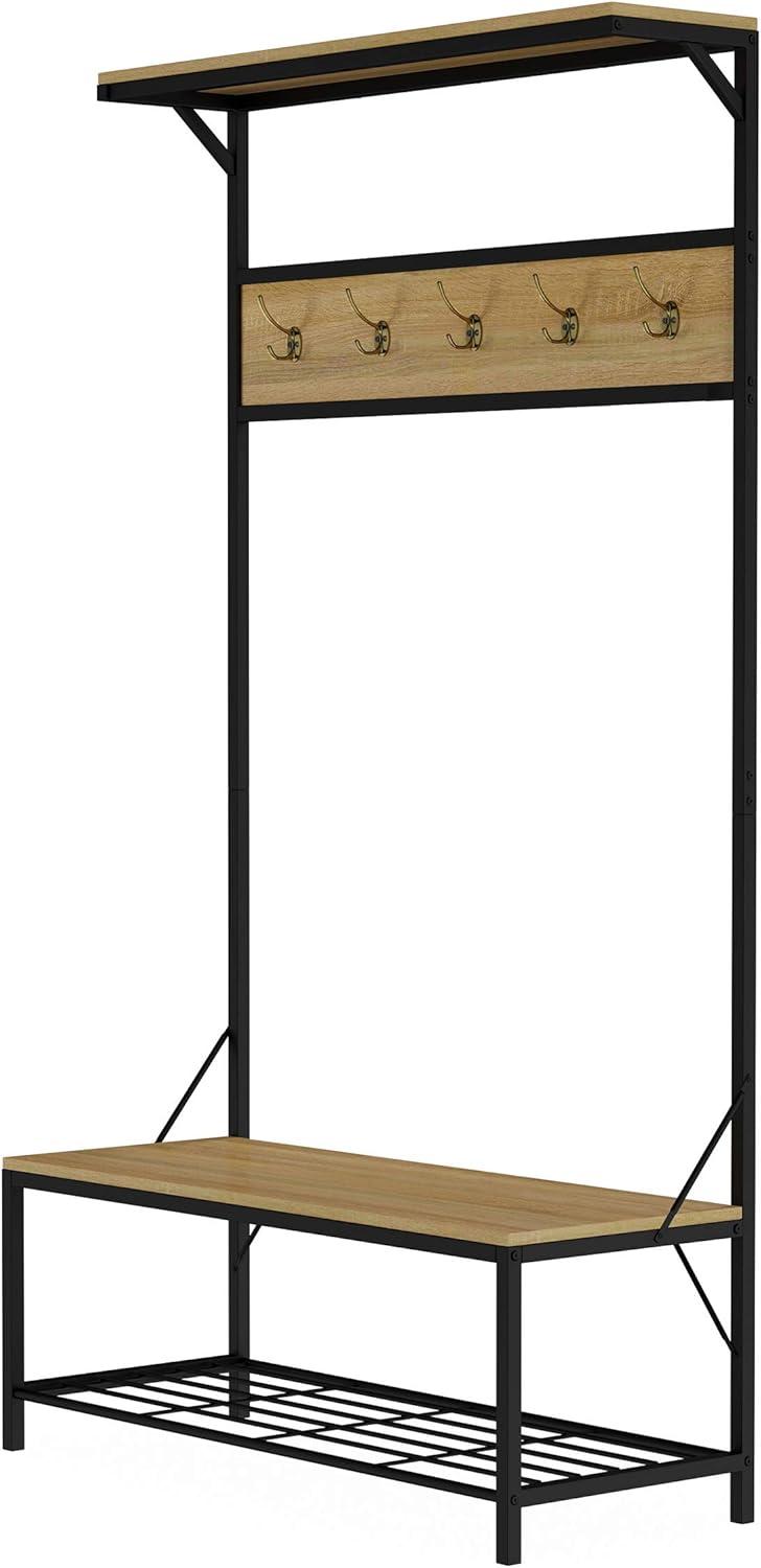 imageLavish Home Entryway Bench with Coat Rack Metal Hall Tree with Seat Hooks and Shoe Storage Rustic Farmhouse Freestanding Mudroom FurnitureSand Woodgrain