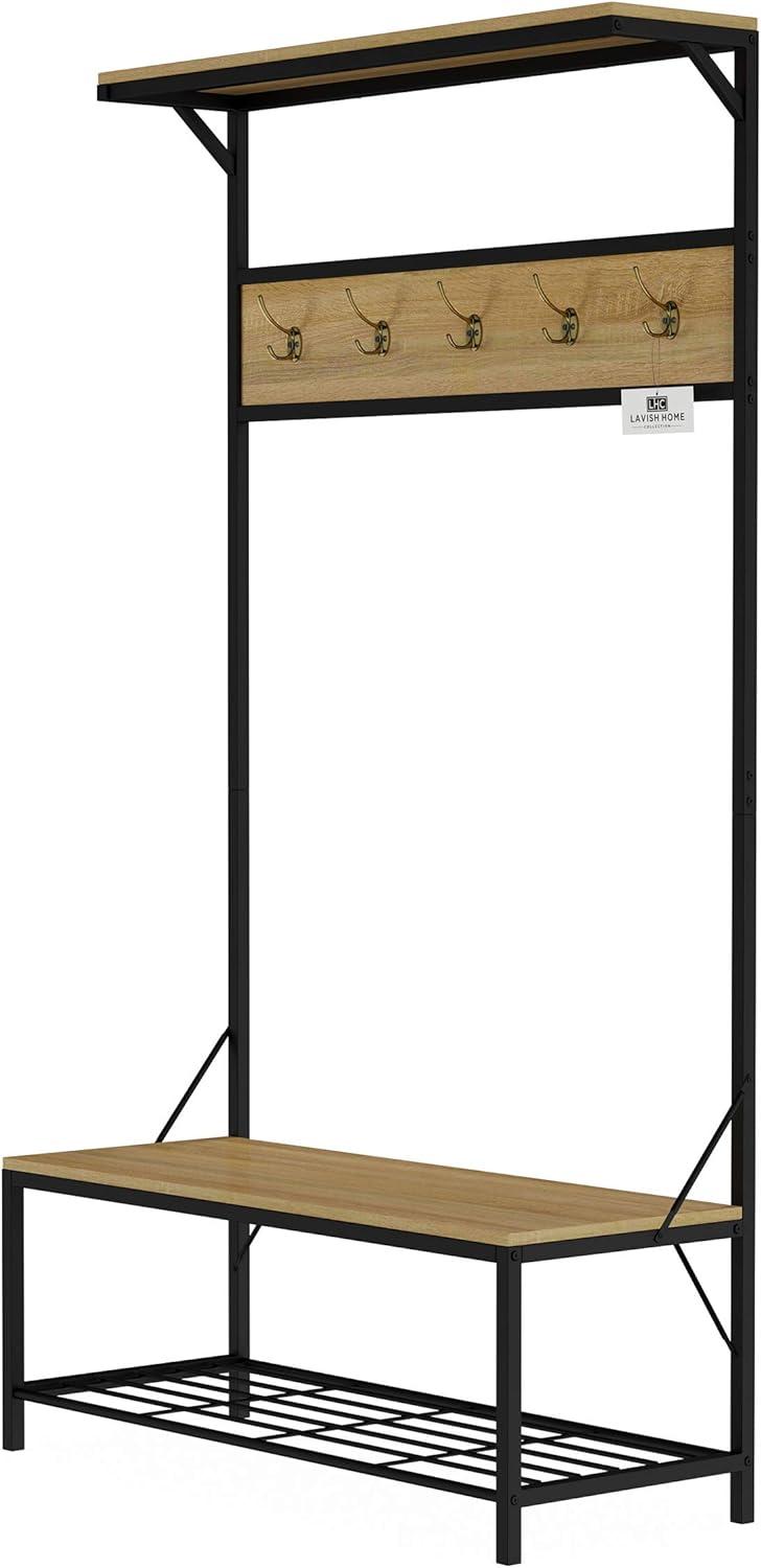 imageLavish Home Entryway Bench with Coat Rack Metal Hall Tree with Seat Hooks and Shoe Storage Rustic Farmhouse Freestanding Mudroom FurnitureSand Woodgrain
