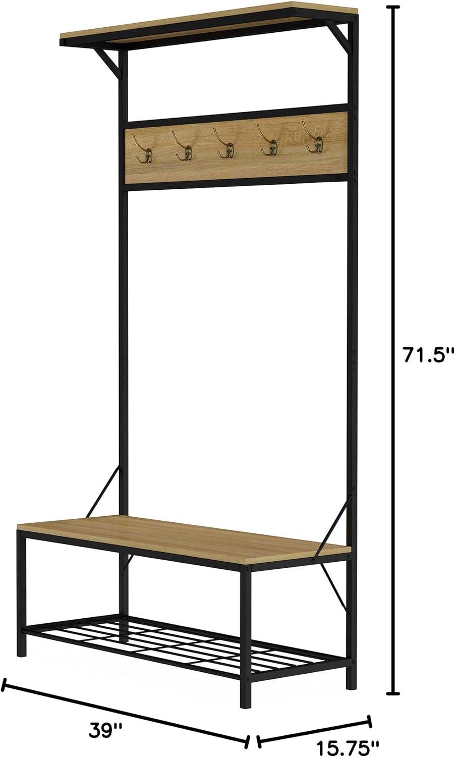 imageLavish Home Entryway Bench with Coat Rack Metal Hall Tree with Seat Hooks and Shoe Storage Rustic Farmhouse Freestanding Mudroom FurnitureSand Woodgrain