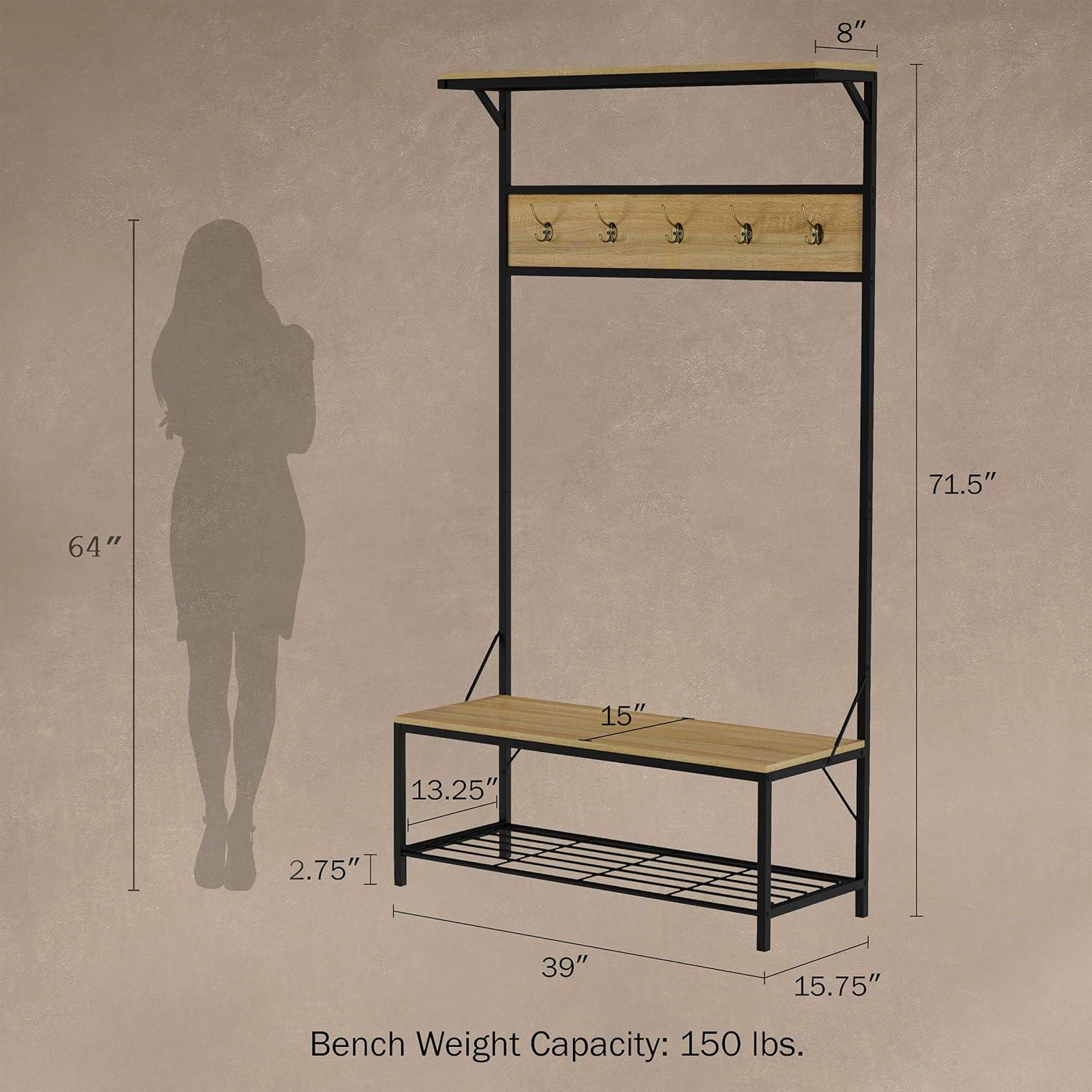 imageLavish Home Entryway Bench with Coat Rack Metal Hall Tree with Seat Hooks and Shoe Storage Rustic Farmhouse Freestanding Mudroom FurnitureSand Woodgrain