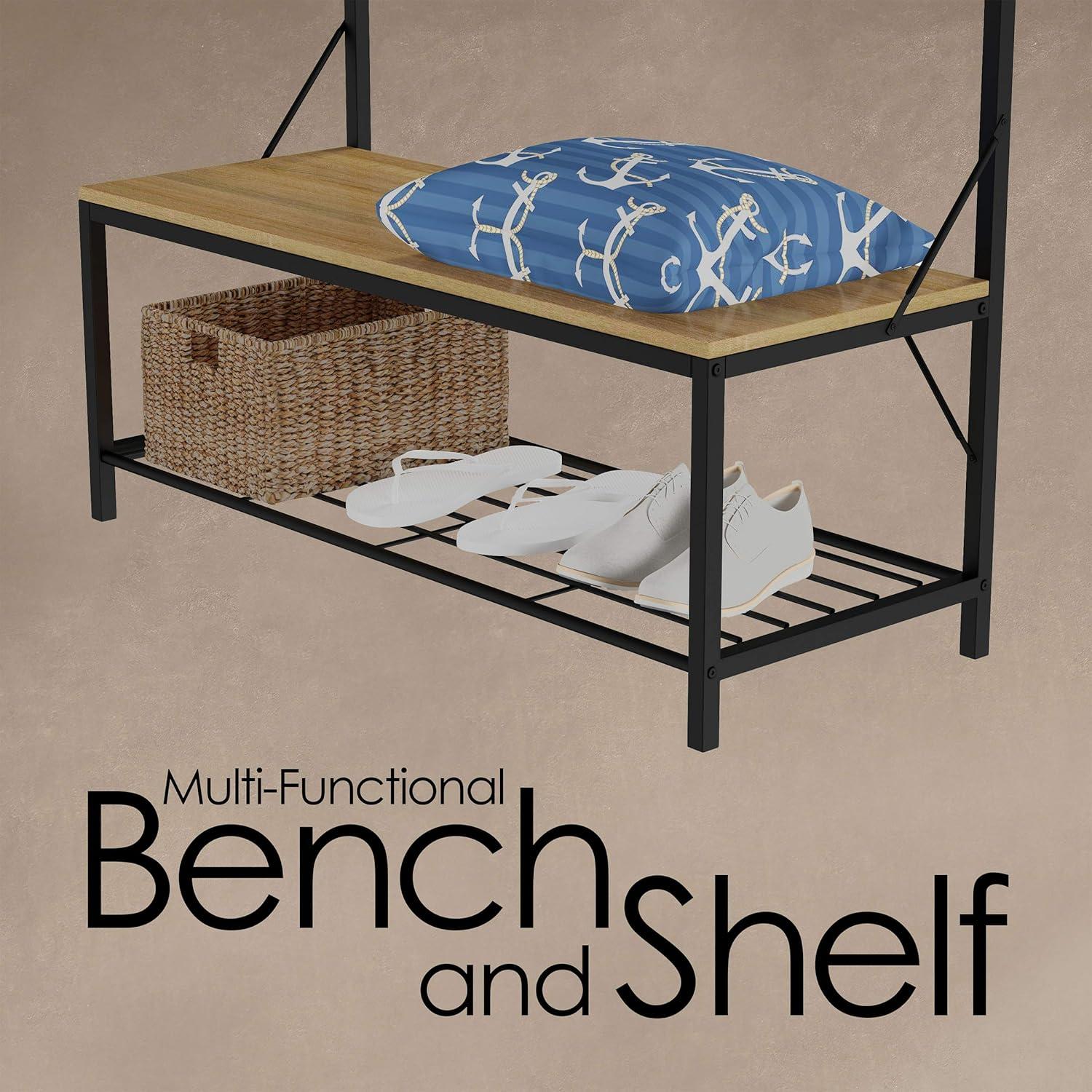 imageLavish Home Entryway Bench with Coat Rack Metal Hall Tree with Seat Hooks and Shoe Storage Rustic Farmhouse Freestanding Mudroom FurnitureSand Woodgrain