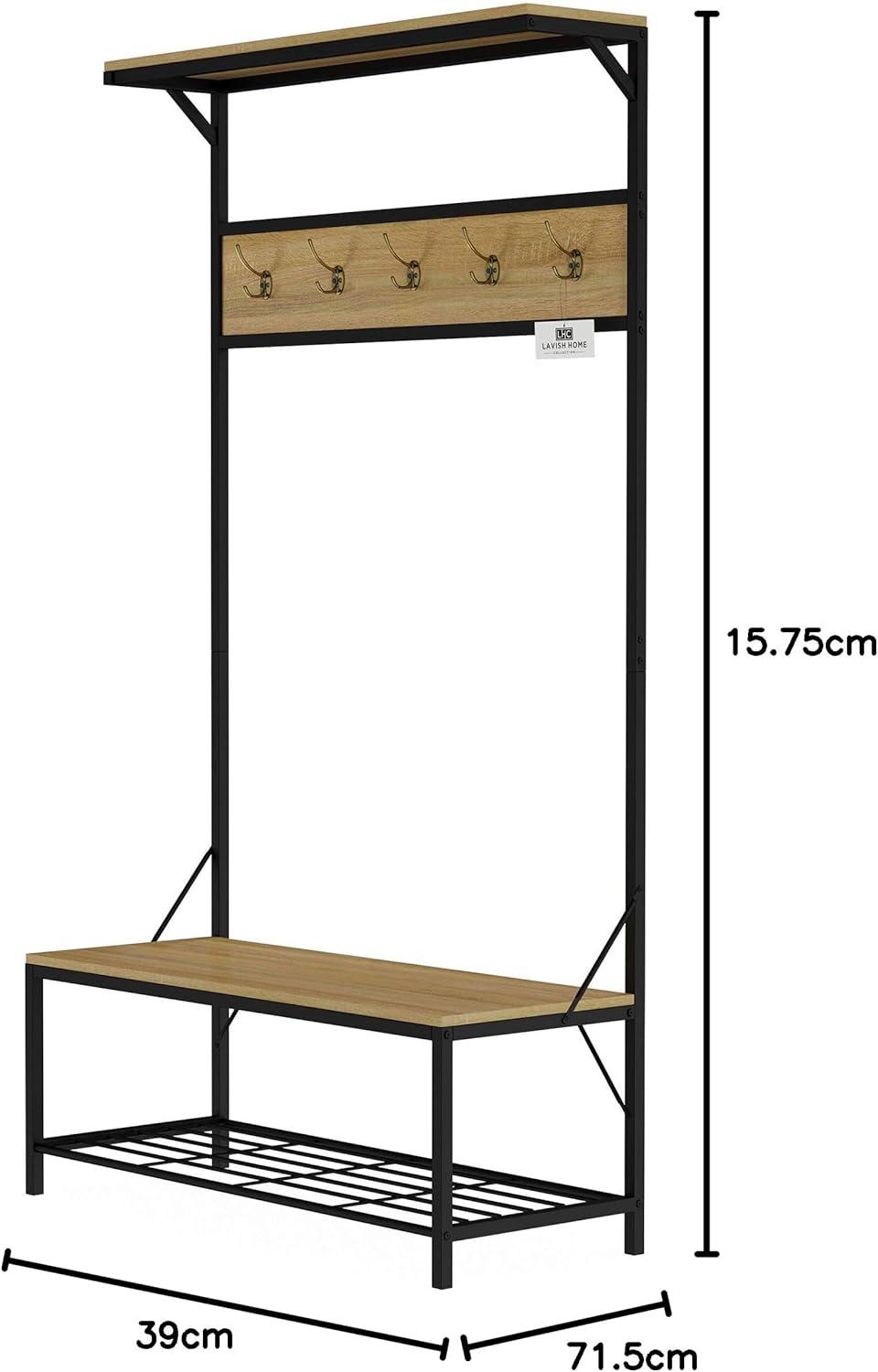 imageLavish Home Entryway Bench with Coat Rack Metal Hall Tree with Seat Hooks and Shoe Storage Rustic Farmhouse Freestanding Mudroom FurnitureSand Woodgrain