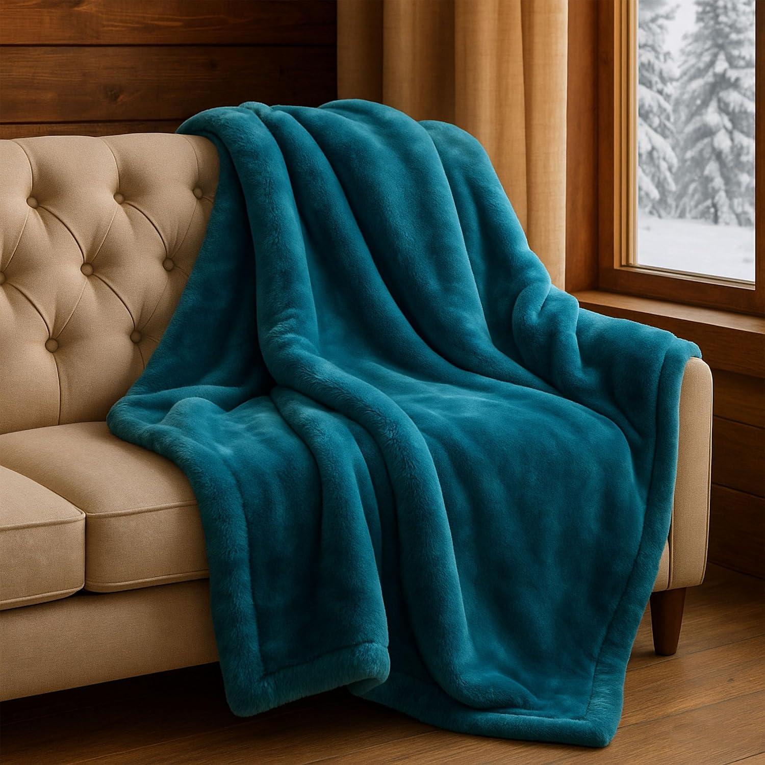 imageLavish Home Faux Fur Throw Blanket Oversized 91x81 MachineWashable Bedding MinkStyle 78lb Heavy Blanket for Bed or Sofa AquaAqua