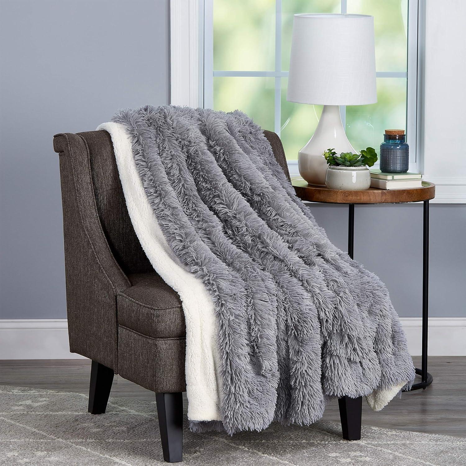 imageLavish Home Faux Long Pile Rabbit Fur Throw Blanket with Sherpa Back Luxurious Soft Hypoallergenic for Couch Bed Dcor 60x70 in WhiteGray and Cream