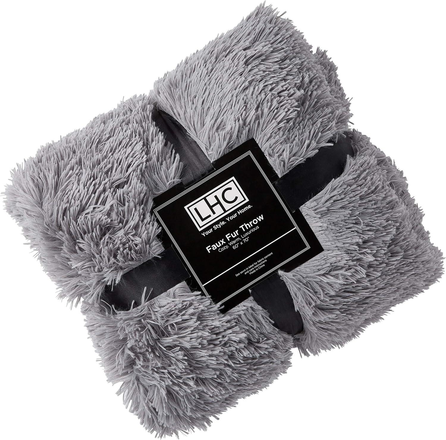 imageLavish Home Faux Long Pile Rabbit Fur Throw Blanket with Sherpa Back Luxurious Soft Hypoallergenic for Couch Bed Dcor 60x70 in WhiteGray and Cream