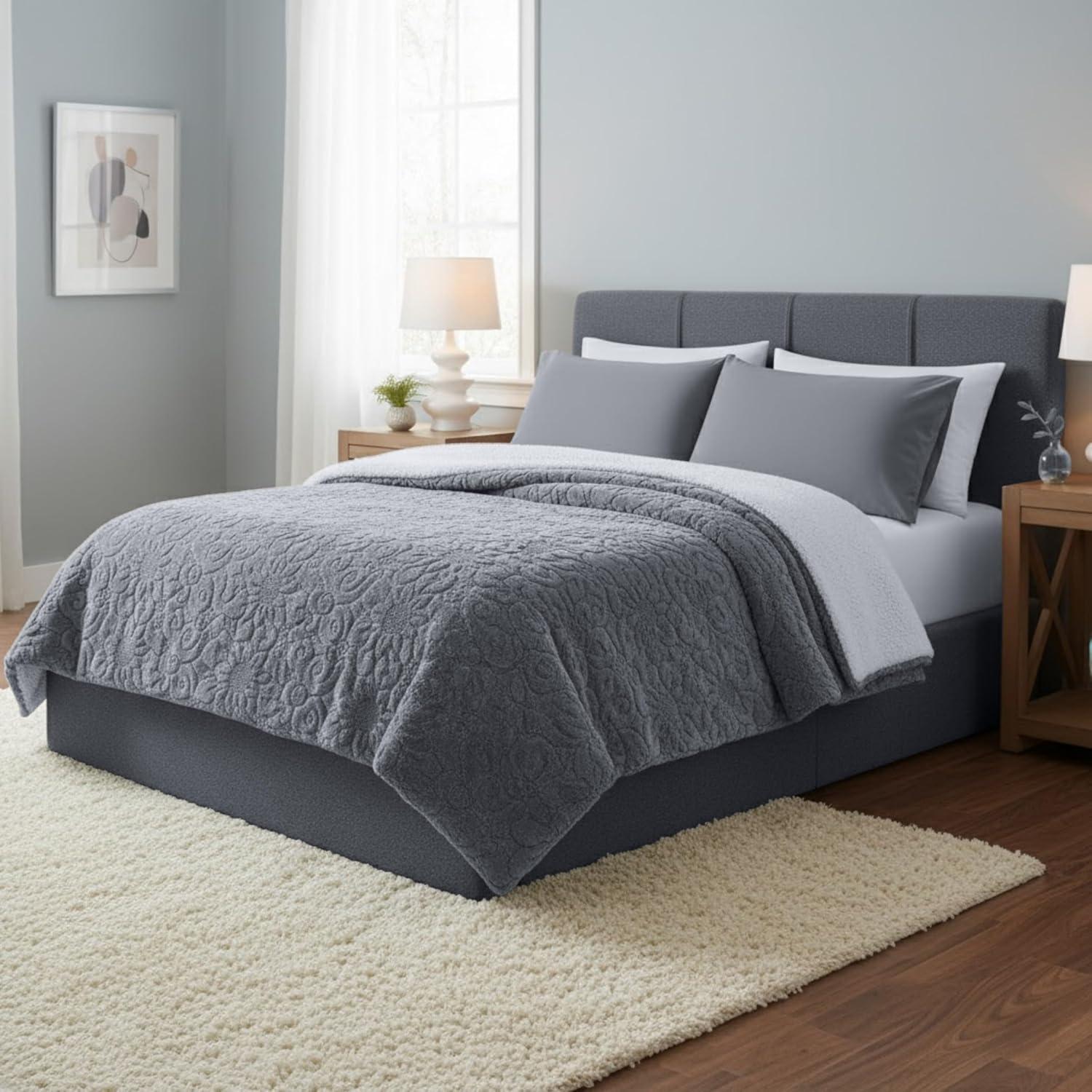 imageLavish Home Floral Etched Fleece Blanket 86x90 MachineWashable Sherpa Throw Soft Blanket Queen Size for Couch Chair or Bed Gray
