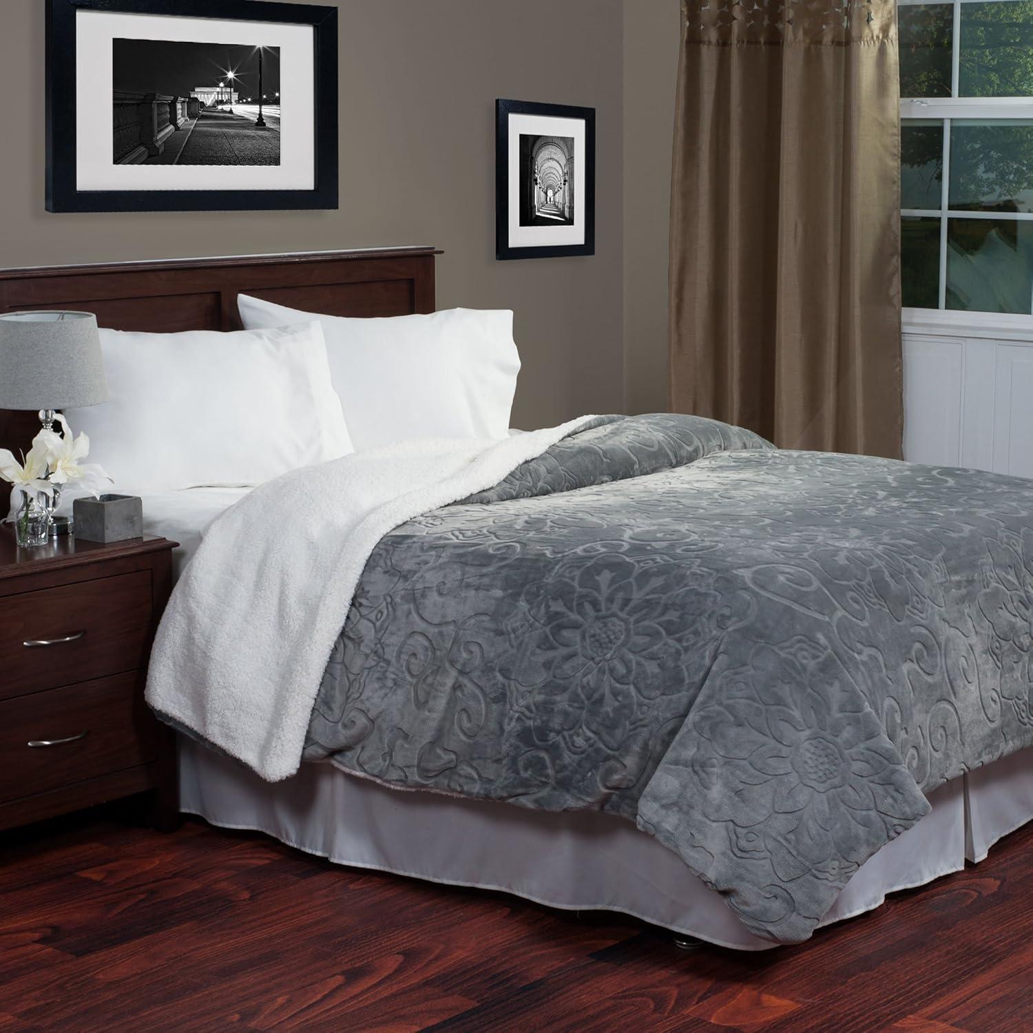 imageLavish Home Floral Etched Fleece Blanket 86x90 MachineWashable Sherpa Throw Soft Blanket Queen Size for Couch Chair or Bed Gray