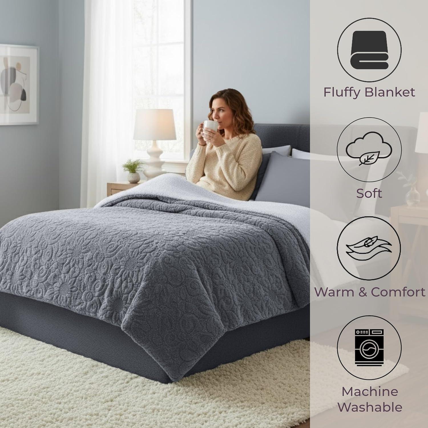 imageLavish Home Floral Etched Fleece Blanket with SherpaFQGrey