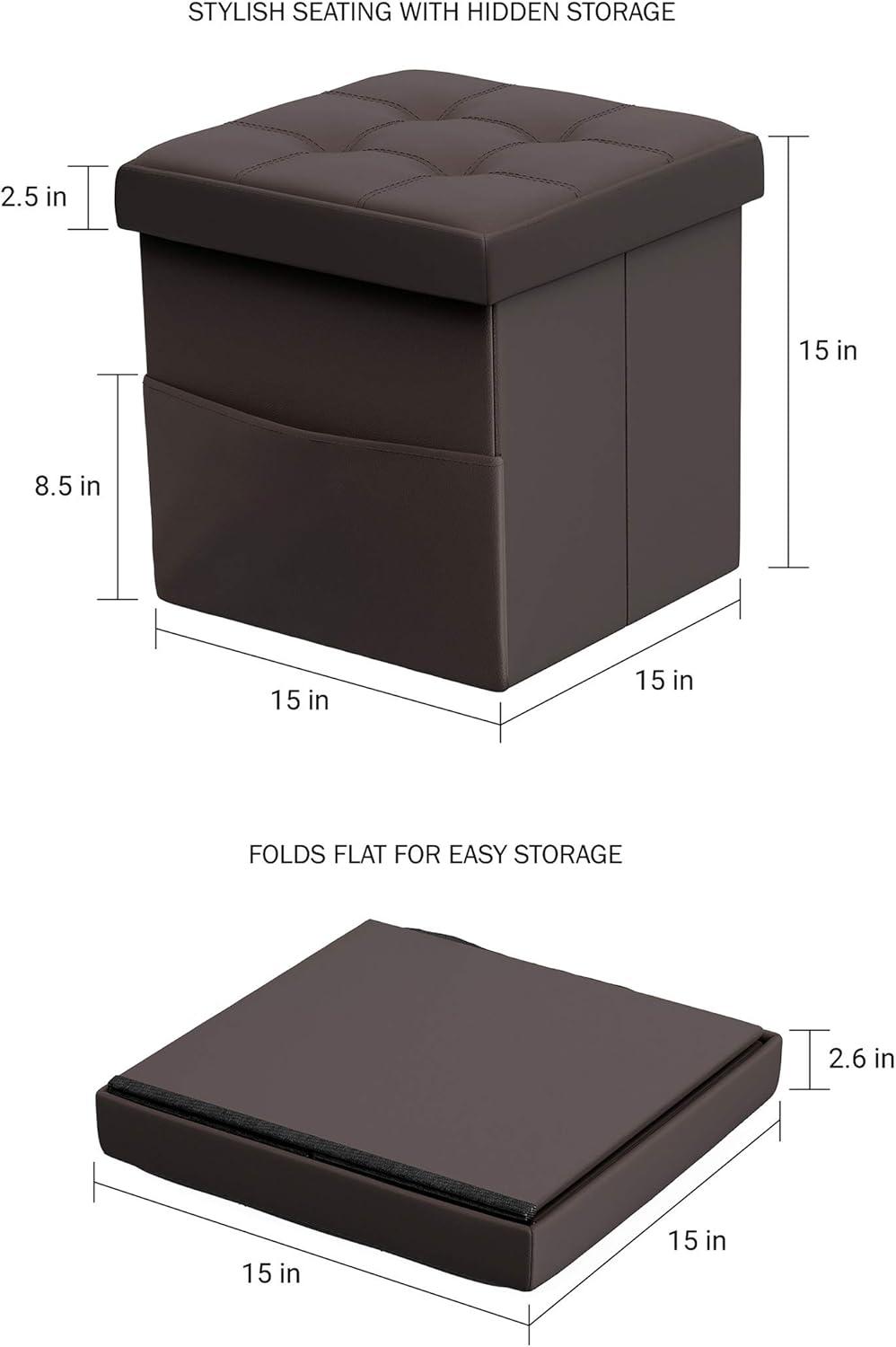 imageLavish Home Foldable Storage Cube Ottoman with Pocket Tufted Faux Leather Footrest Organizer for Bedroom Living Room Dorm or RV Chocolate Brown