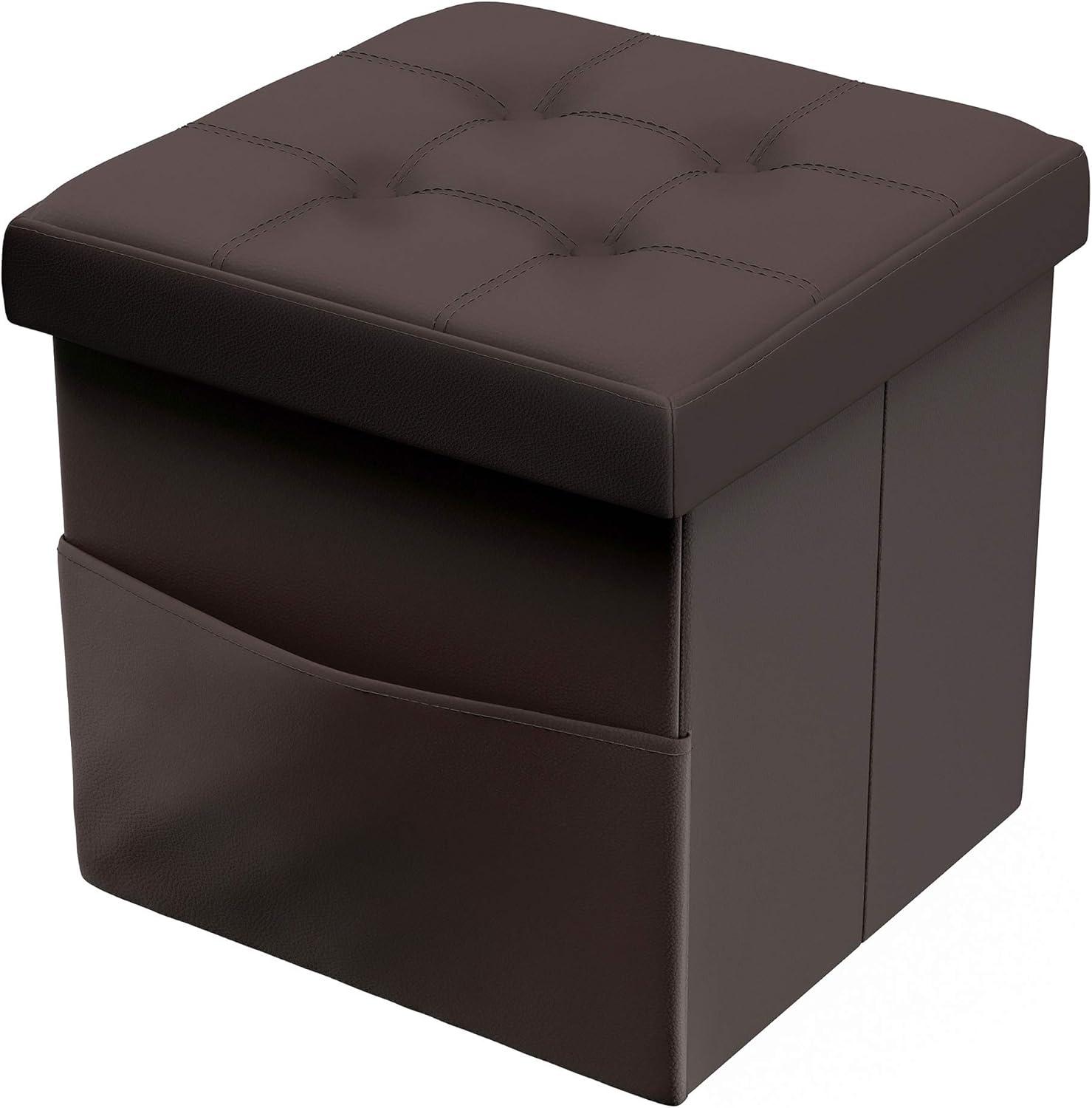imageLavish Home Foldable Storage Cube Ottoman with Pocket Tufted Faux Leather Footrest Organizer for Bedroom Living Room Dorm or RV Chocolate Brown