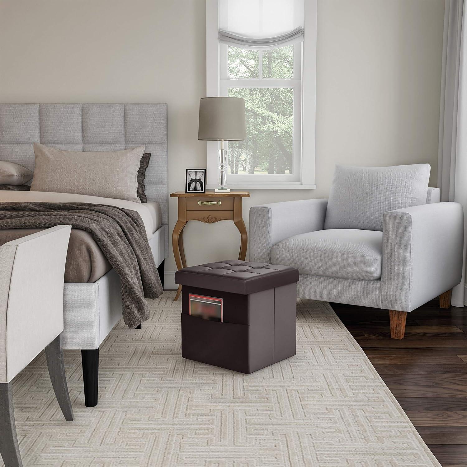 imageLavish Home Foldable Storage Cube Ottoman with Pocket Tufted Faux Leather Footrest Organizer for Bedroom Living Room Dorm or RV Chocolate Brown