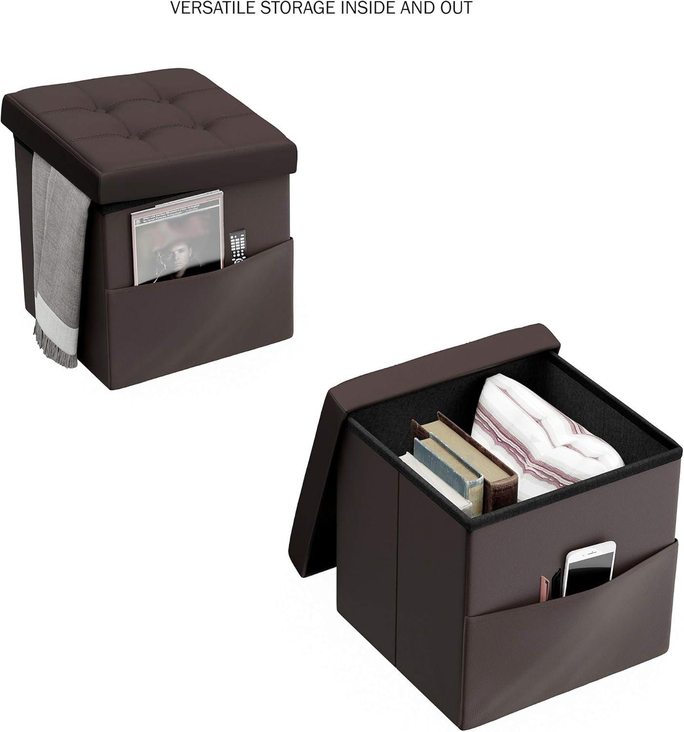 imageLavish Home Foldable Storage Cube Ottoman with Pocket Tufted Faux Leather Footrest Organizer for Bedroom Living Room Dorm or RV Chocolate Brown