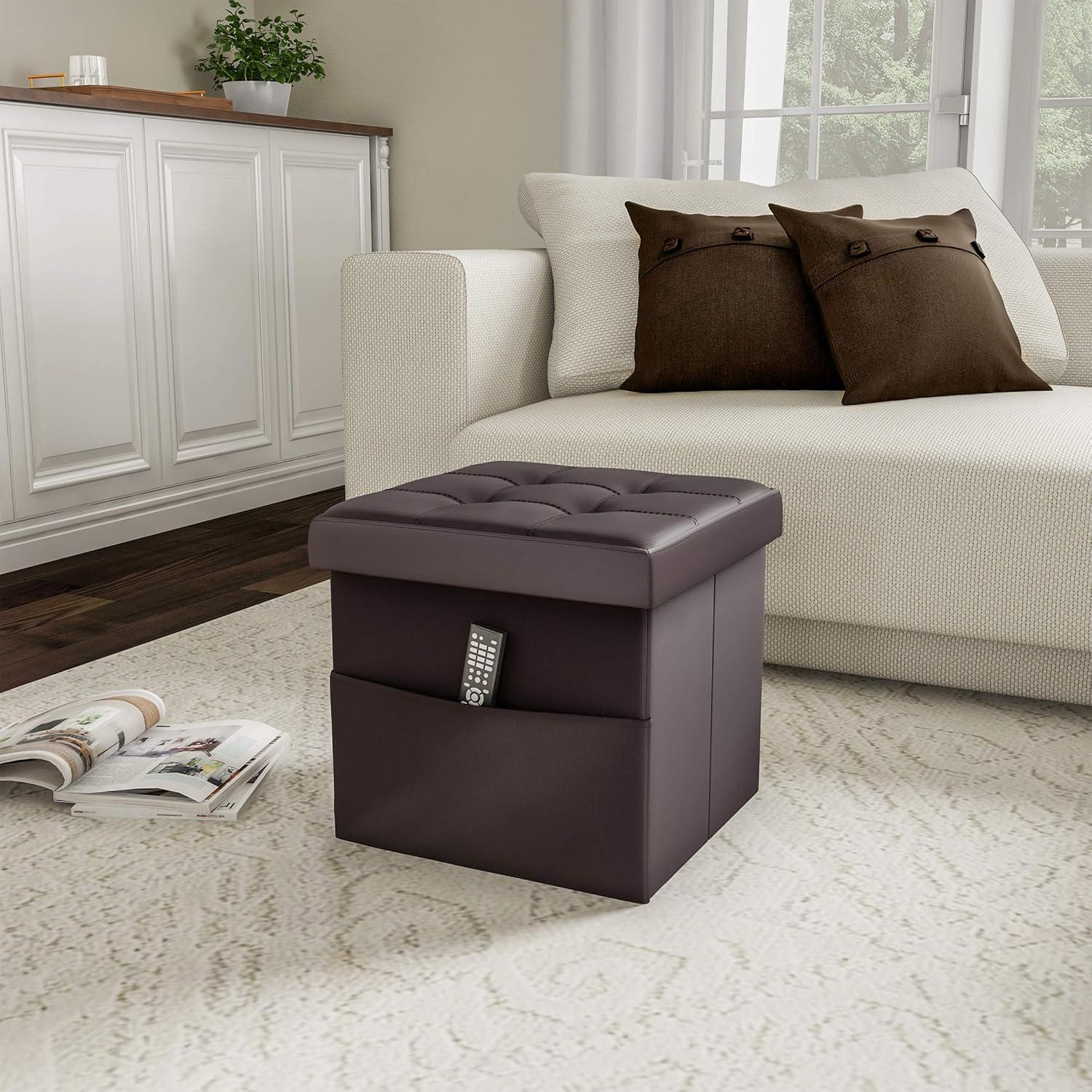 imageLavish Home Foldable Storage Cube Ottoman with Pocket Tufted Faux Leather Footrest Organizer for Bedroom Living Room Dorm or RV Chocolate Brown