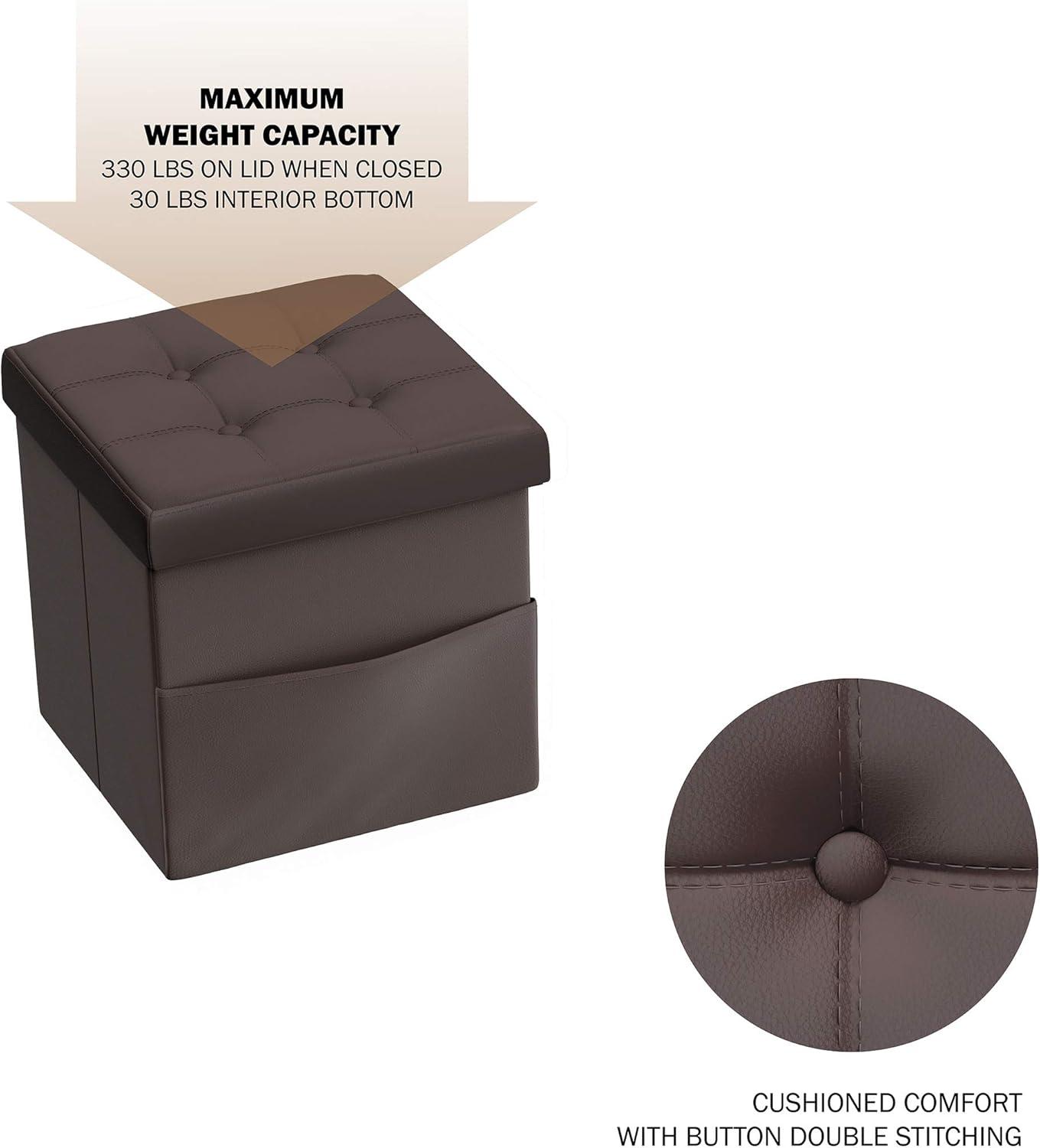 imageLavish Home Foldable Storage Cube Ottoman with Pocket Tufted Faux Leather Footrest Organizer for Bedroom Living Room Dorm or RV Chocolate Brown
