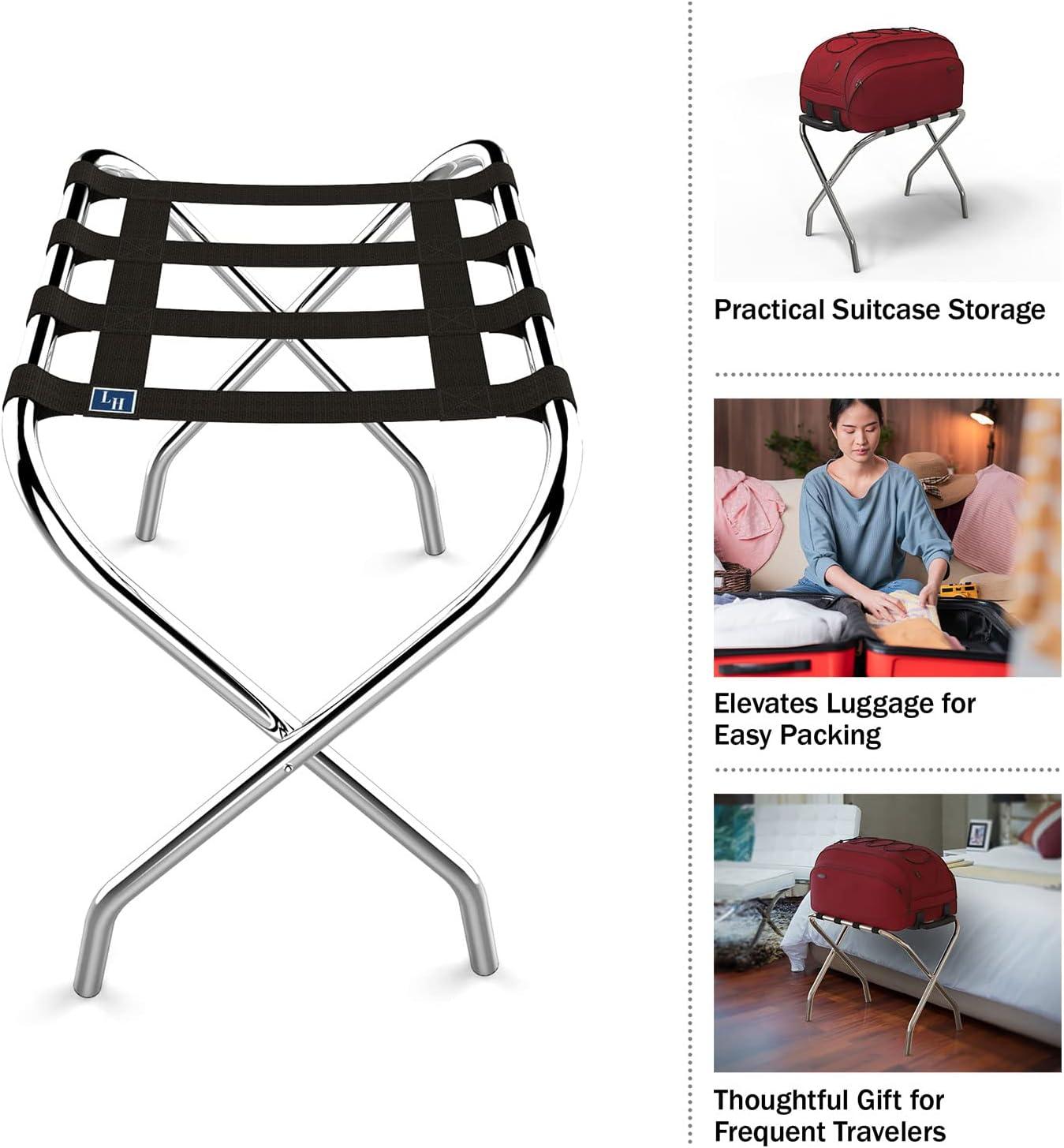 imageLavish Home Folding Luggage Rack Chrome Foldable Suitcase Stand with Black Nylon Straps for Guest Room or Vacation Rentals