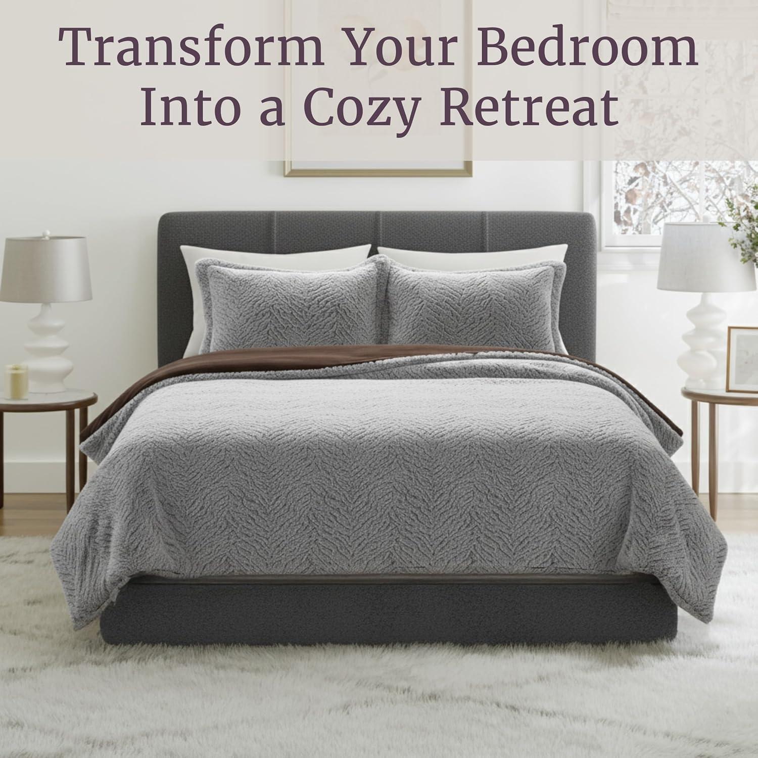 imageLavish Home King Size Comforter Set 3Piece MinkStyle Faux Fur Blanket and 2 Shams Cozy MachineWashable King Bedding Set GreyChocolateBlack
