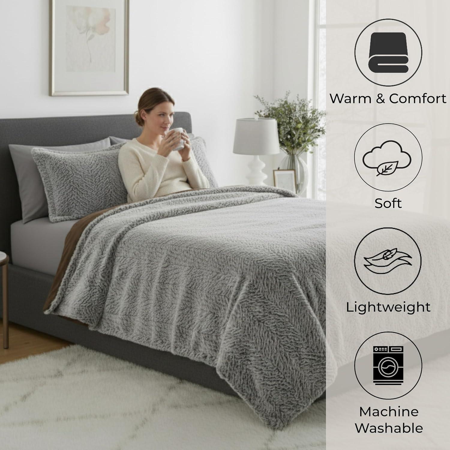 imageLavish Home King Size Comforter Set 3Piece MinkStyle Faux Fur Blanket and 2 Shams Cozy MachineWashable King Bedding Set GreyChocolateBlack