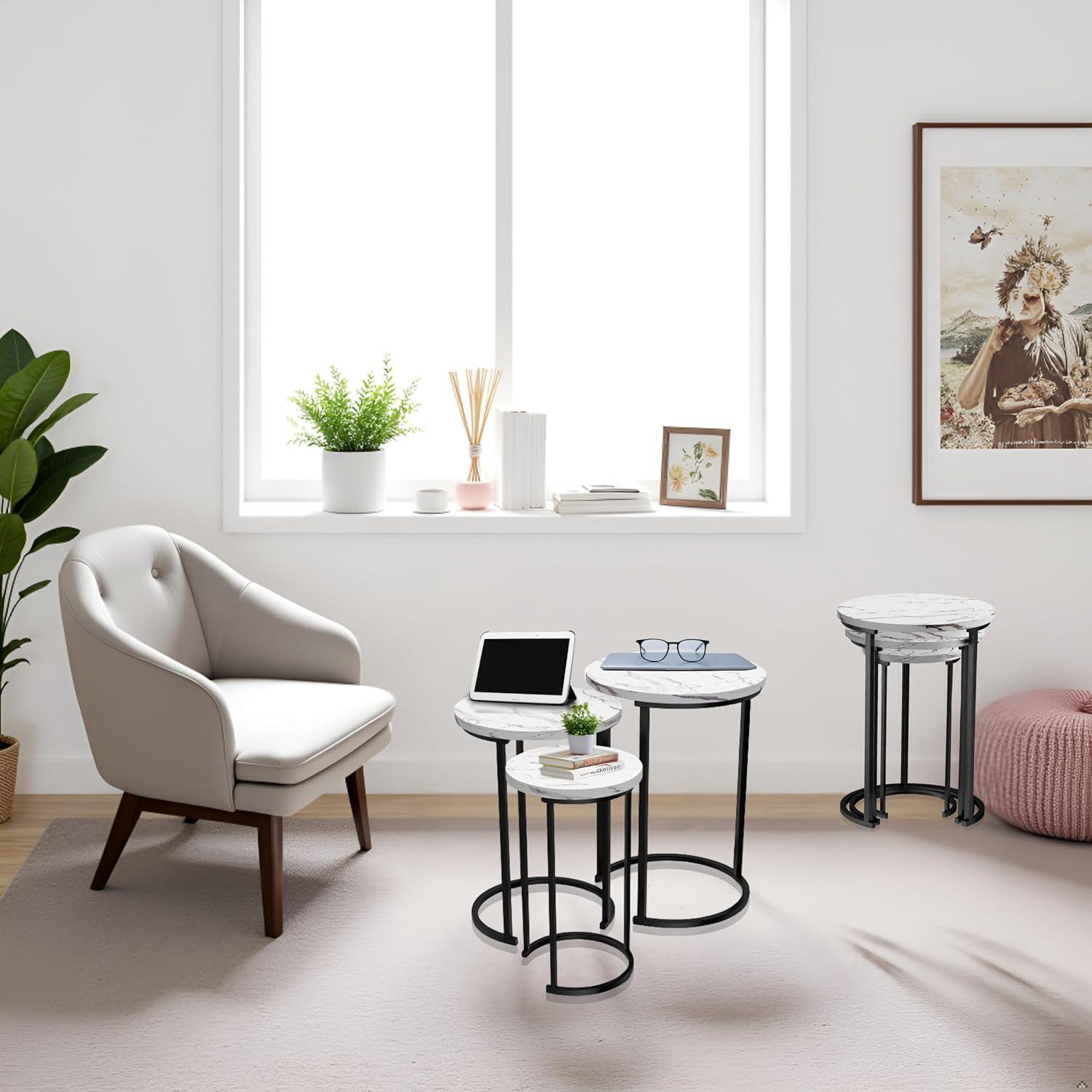 imageLavish Home Nesting Tables Set of 3 Round Side Tables for Living Room Bedroom or Home Office Faux Marble End Table Set Modern Living Room Furniture WhiteWhite Marble