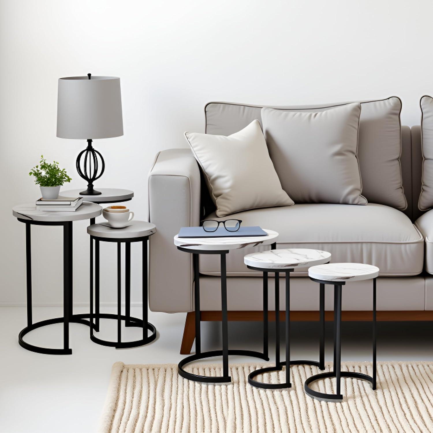 imageLavish Home Nesting Tables Set of 3 Round Side Tables for Living Room Bedroom or Home Office Faux Marble End Table Set Modern Living Room Furniture WhiteWhite Marble