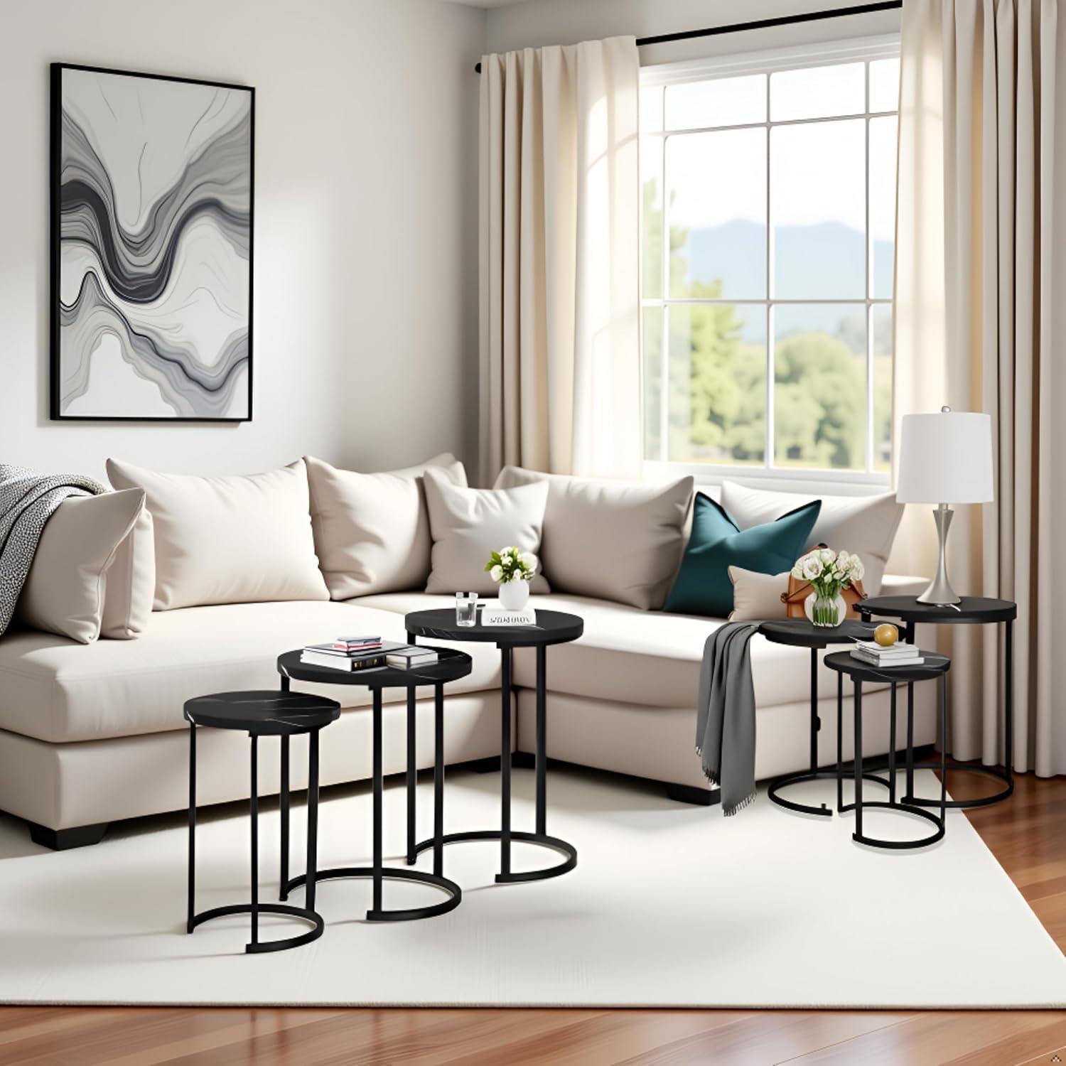 imageLavish Home Nesting Tables Set of 3 Round Side Tables for Living Room Bedroom or Home Office Faux Marble End Table Set Modern Living Room Furniture WhiteBlack Marble