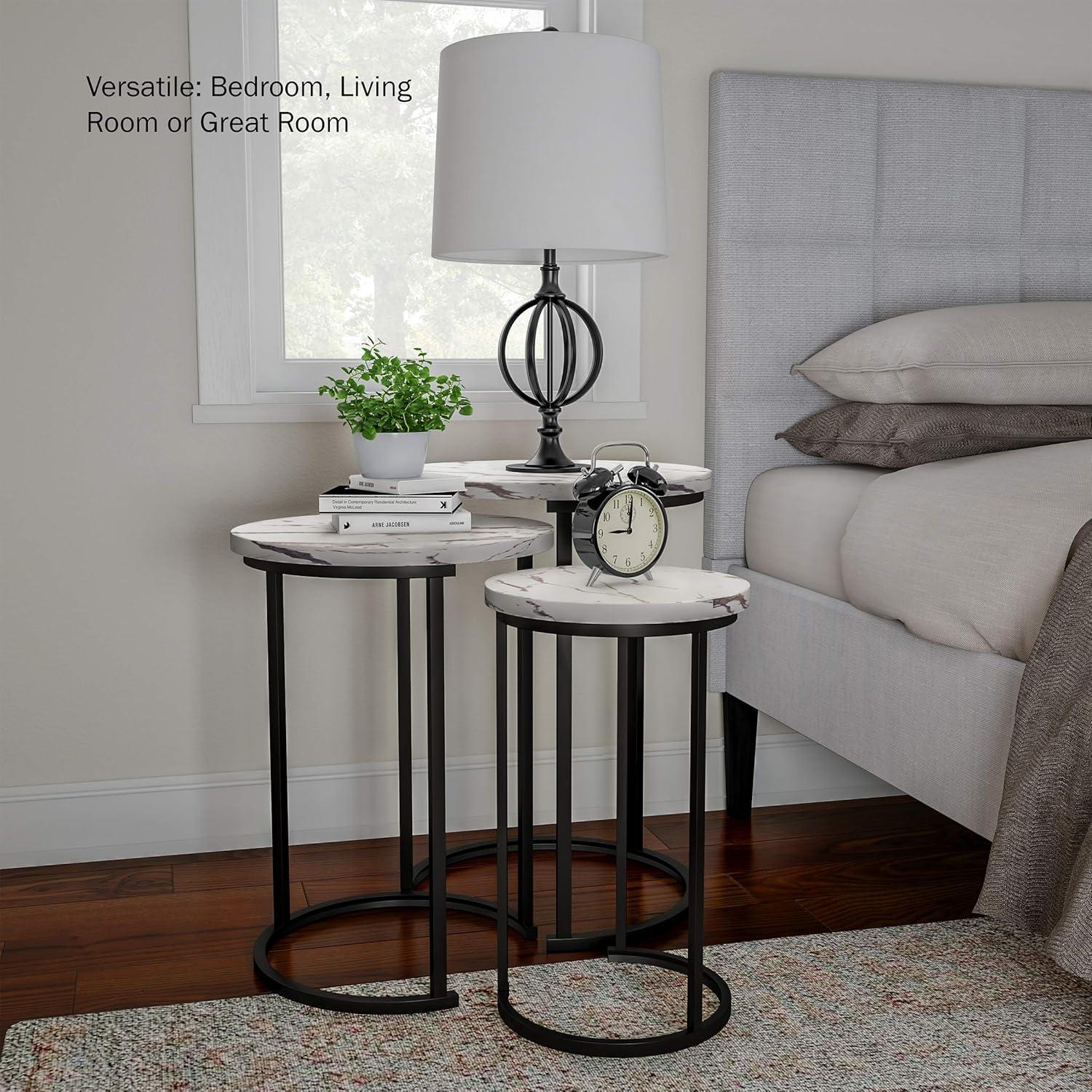 imageLavish Home Nesting Tables Set of 3 Round Side Tables for Living Room Bedroom or Home Office Faux Marble End Table Set Modern Living Room Furniture WhiteWhite Marble