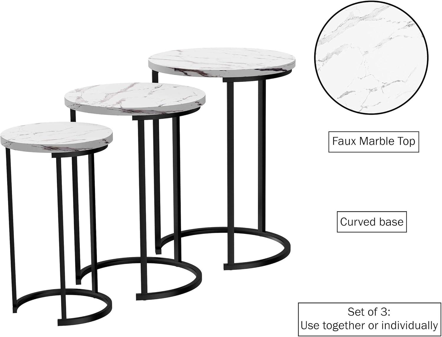 imageLavish Home Nesting Tables Set of 3 Round Side Tables for Living Room Bedroom or Home Office Faux Marble End Table Set Modern Living Room Furniture WhiteWhite Marble