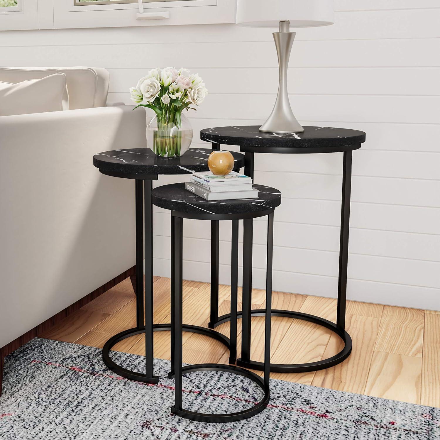 imageLavish Home Nesting Tables Set of 3 Round Side Tables for Living Room Bedroom or Home Office Faux Marble End Table Set Modern Living Room Furniture WhiteBlack Marble