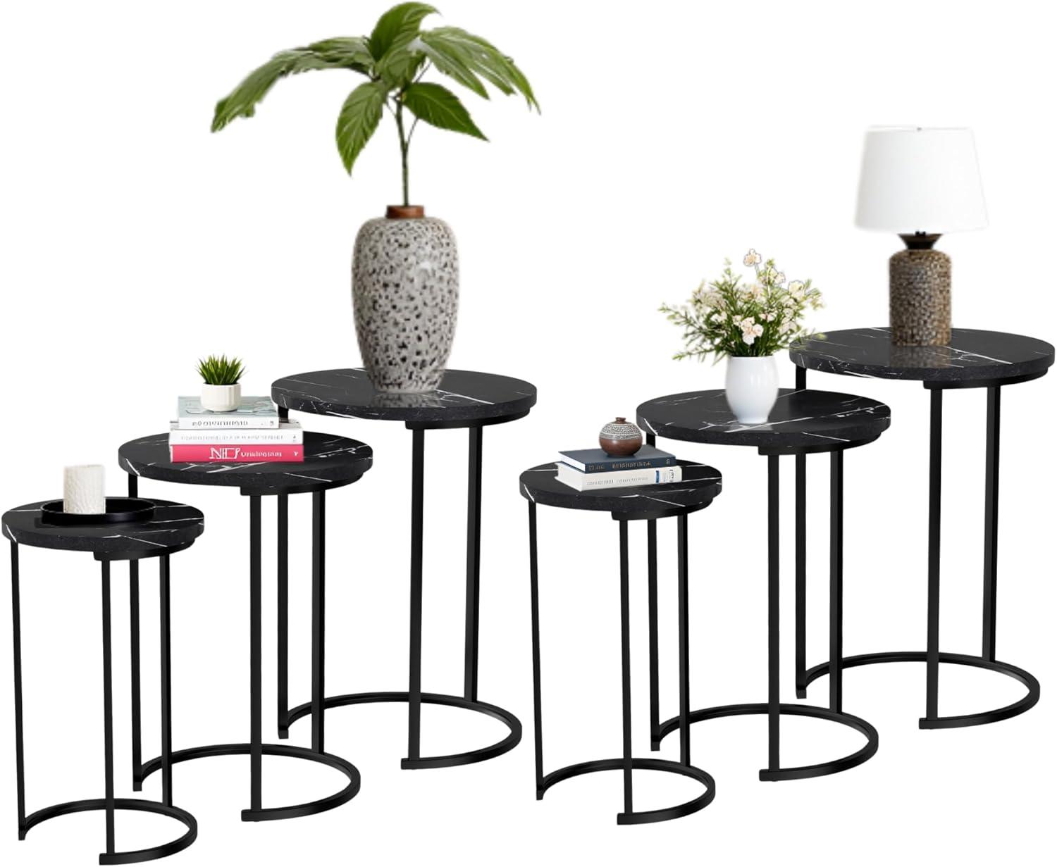 imageLavish Home Nesting Tables Set of 3 Round Side Tables for Living Room Bedroom or Home Office Faux Marble End Table Set Modern Living Room Furniture WhiteBlack Marble