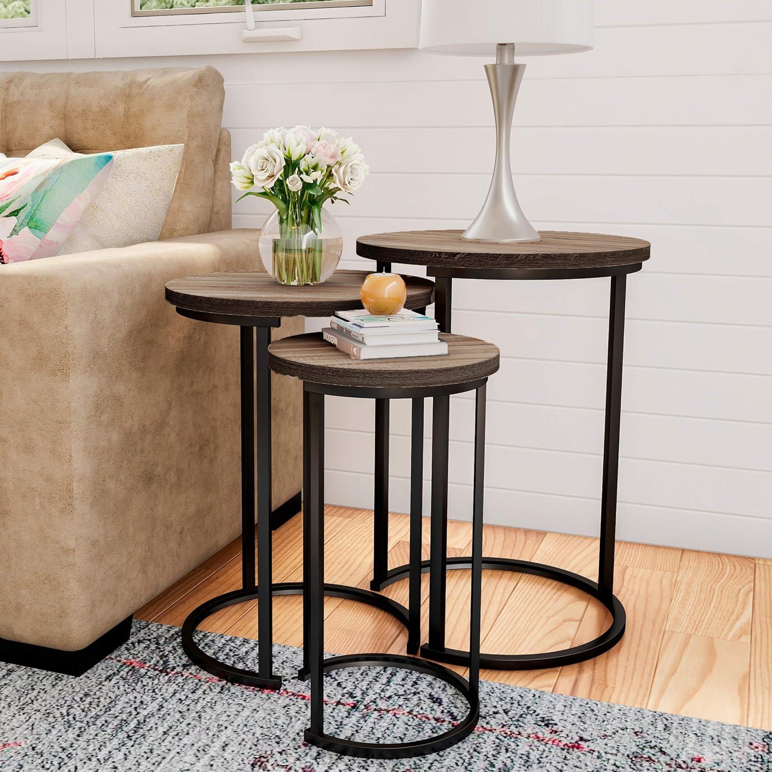 imageLavish Home Nesting Tables Set of 3 Round Side Tables for Living Room Bedroom or Home Office Faux Marble End Table Set Modern Living Room Furniture WhiteGraybrown