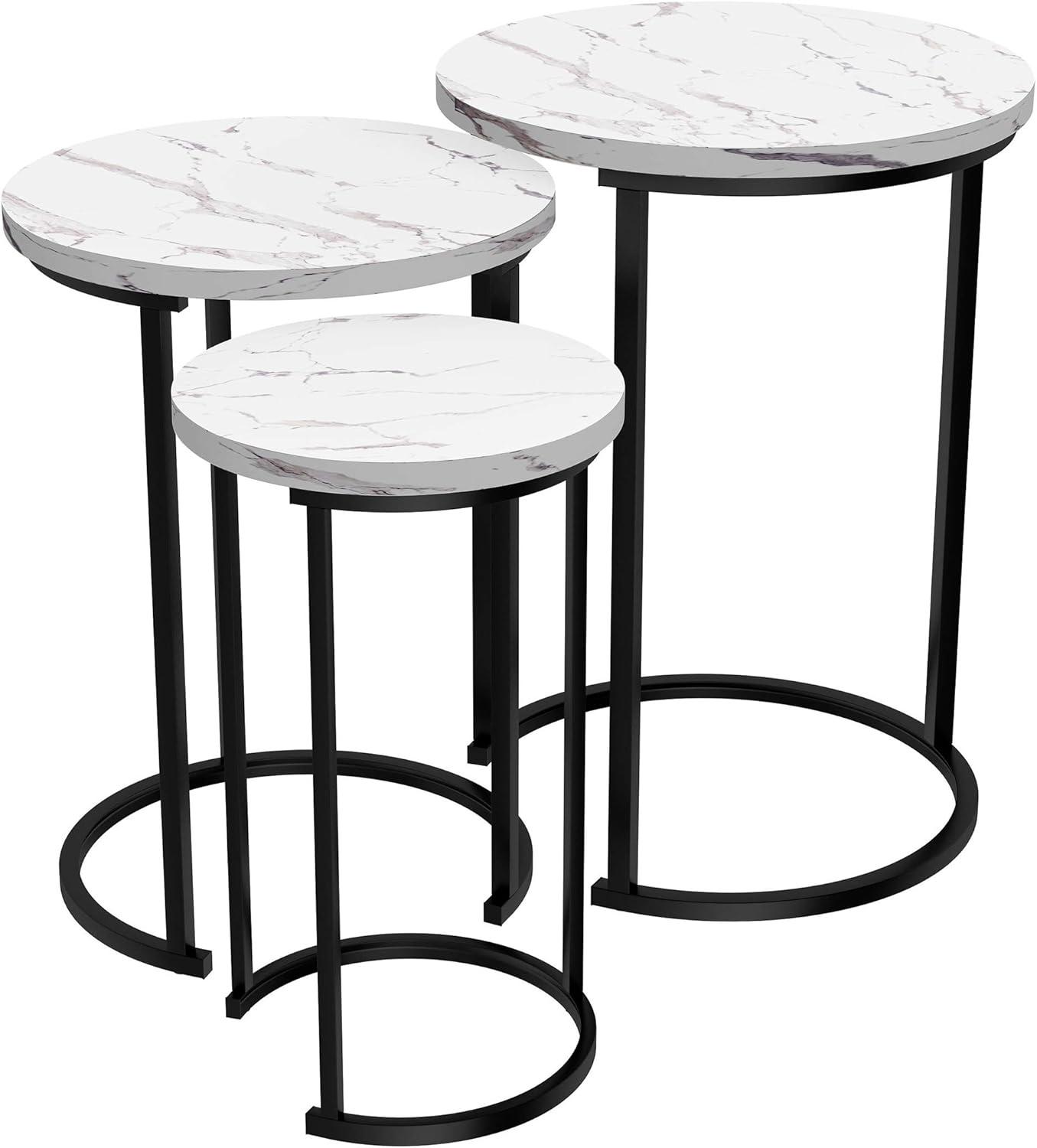 imageLavish Home Nesting Tables Set of 3 Round Side Tables for Living Room Bedroom or Home Office Faux Marble End Table Set Modern Living Room Furniture WhiteWhite Marble