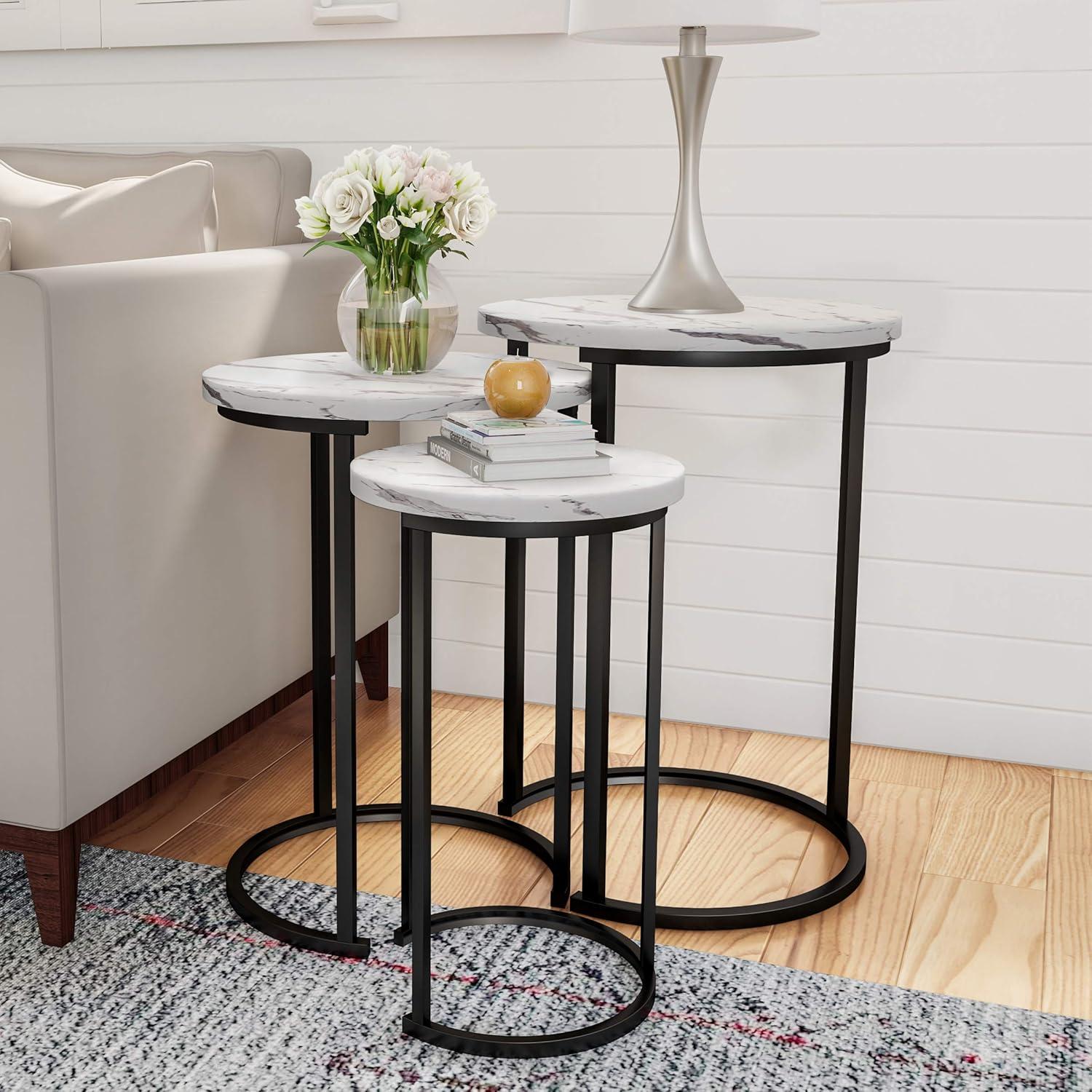 imageLavish Home Nesting Tables Set of 3 Round Side Tables for Living Room Bedroom or Home Office Faux Marble End Table Set Modern Living Room Furniture WhiteWhite Marble