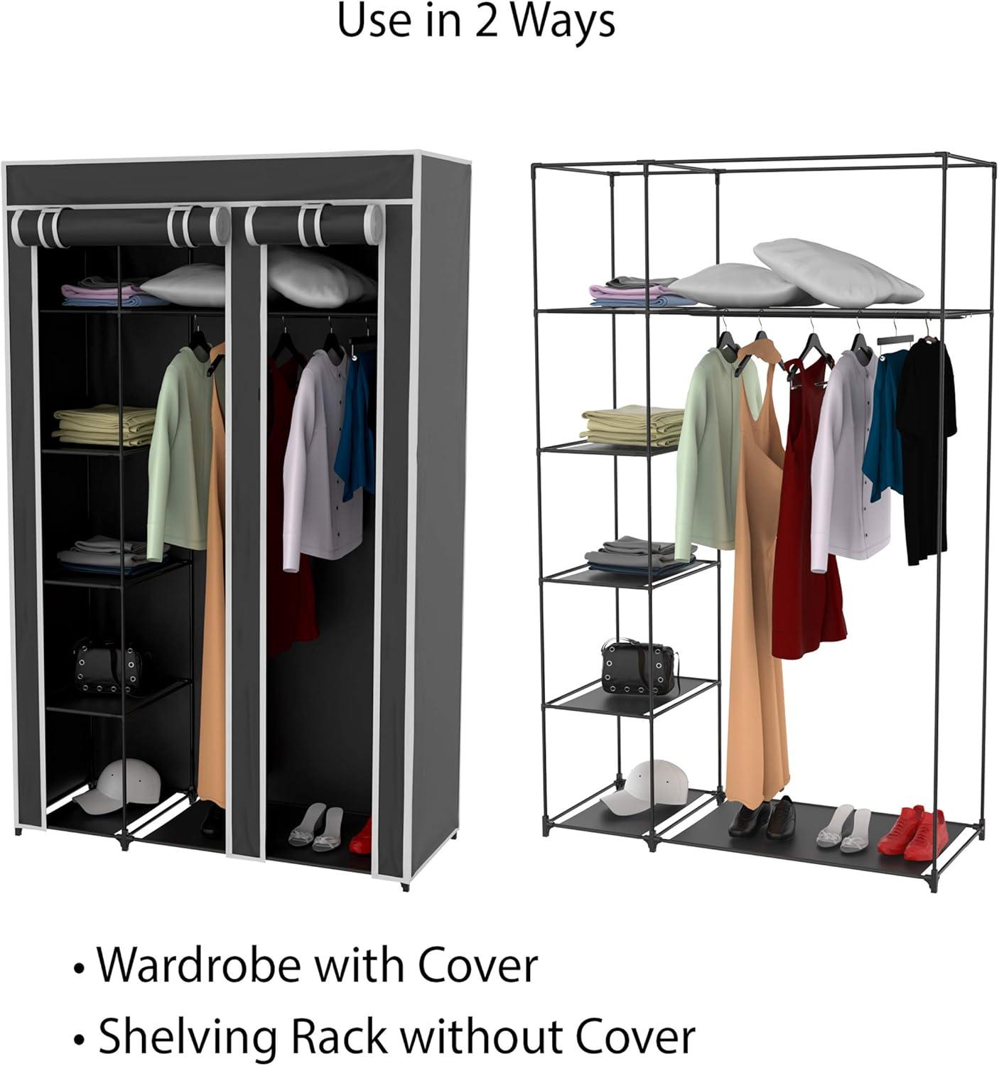 imageLavish Home Portable Closet Freestanding Covered Garment Rack Wardrobe with 5 Shelves for Hanging Clothes with Dust Cover and Metal Frame Black