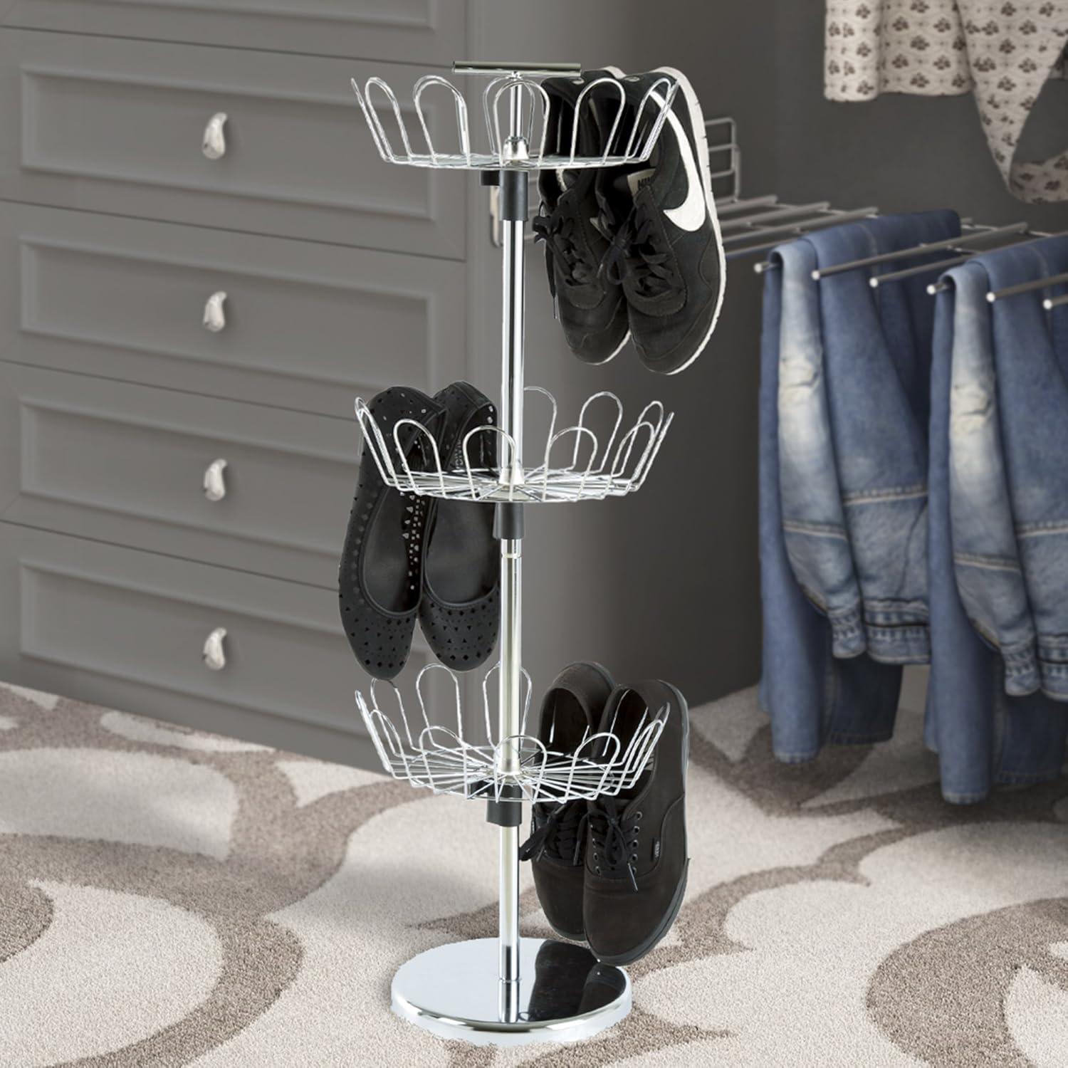 imageLavish Home Rotating Shoe Rack Organizer 3Tier Shoe Storage Organizer Holds 18 Pairs Freestanding Vertical Carousel with Metal Adjustable Racks Chrome