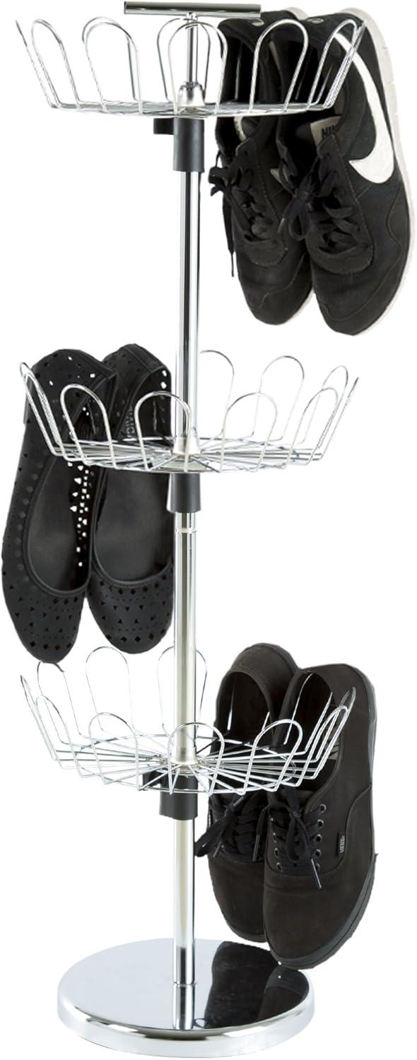 imageLavish Home Rotating Shoe Rack Organizer 3Tier Shoe Storage Organizer Holds 18 Pairs Freestanding Vertical Carousel with Metal Adjustable Racks Chrome