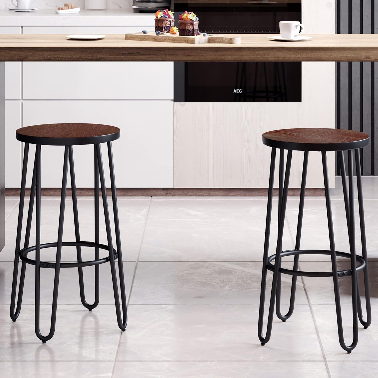 imageLavish Home Set of 2 CounterHeight Bar Stools 295 Inches Round Wood Barstools with Hairpin Legs for Kitchen or Dining Room Modern Farmhouse FurnitureRounded Frame Set of 2