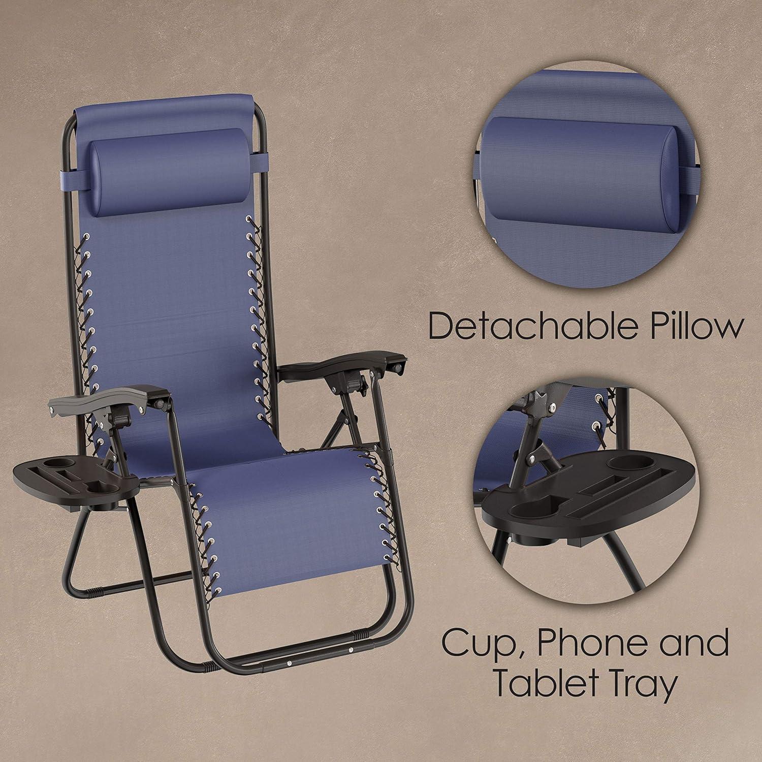 imageLavish Home Set of 2 ZeroGravity Chairs Folding Patio Furniture Outdoor Recliners with Side Table Cup or Phone Holder and Chair Pillow Navy
